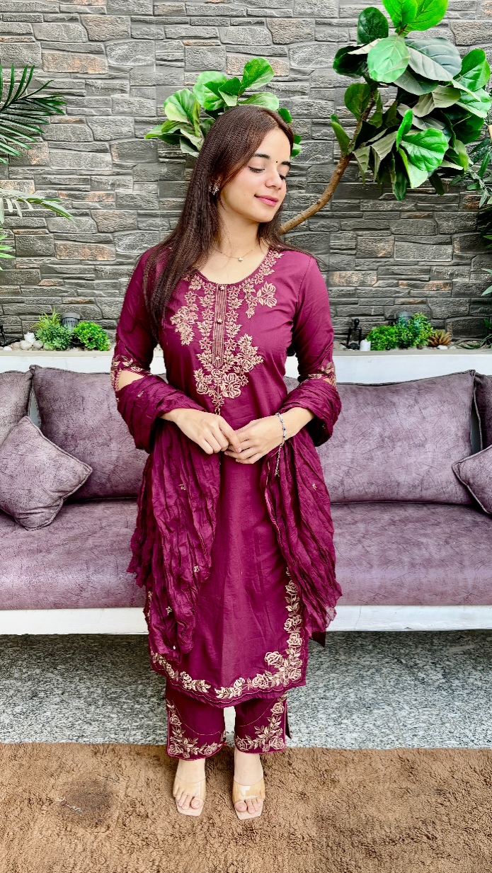 Pure Cotton Suit — Thread Embroidery with Handmade Tassels