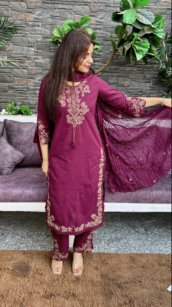 Pure Cotton Suit — Thread Embroidery with Handmade Tassels