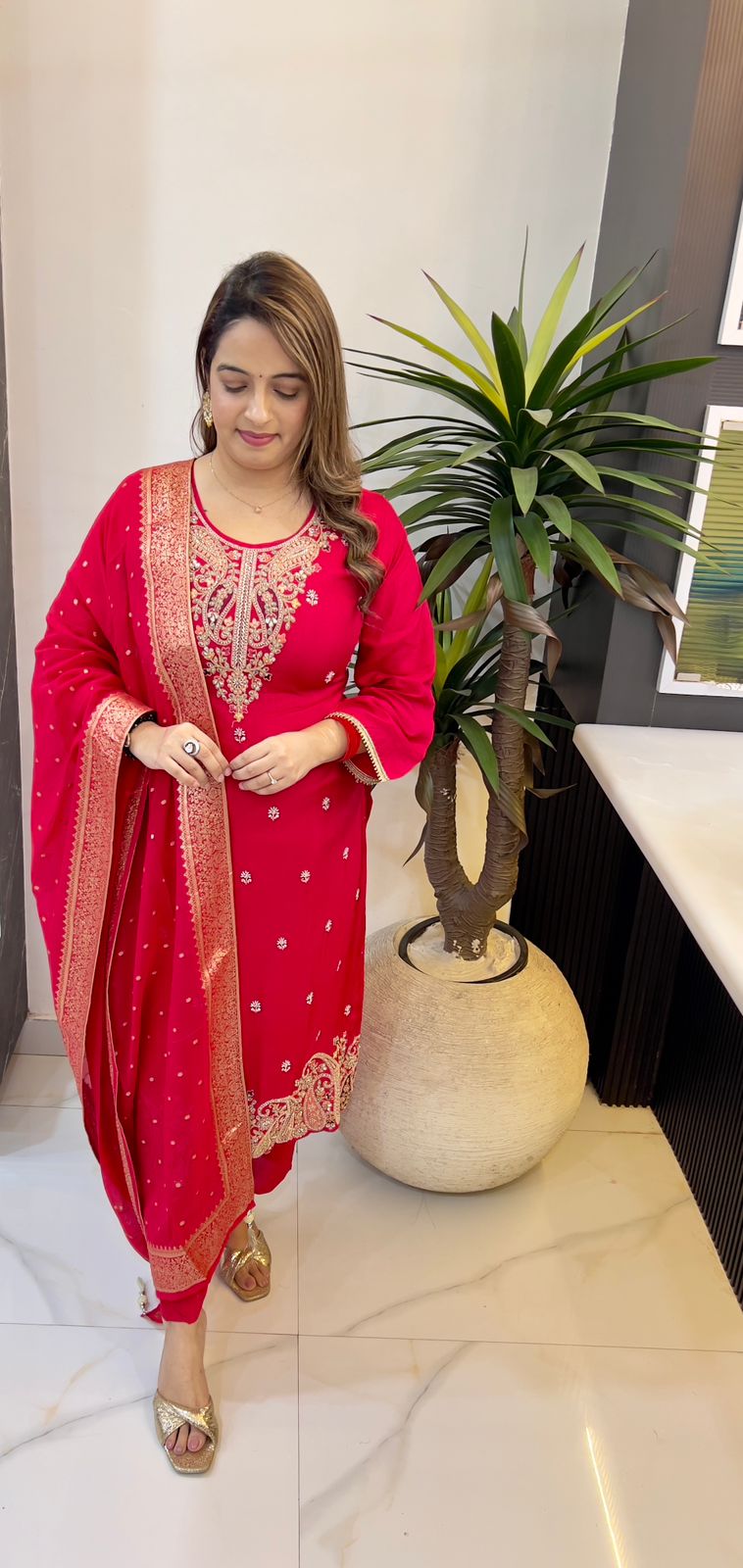 Paper Silk Hand-Embroidered Suit Set with Banarasi Dupatta