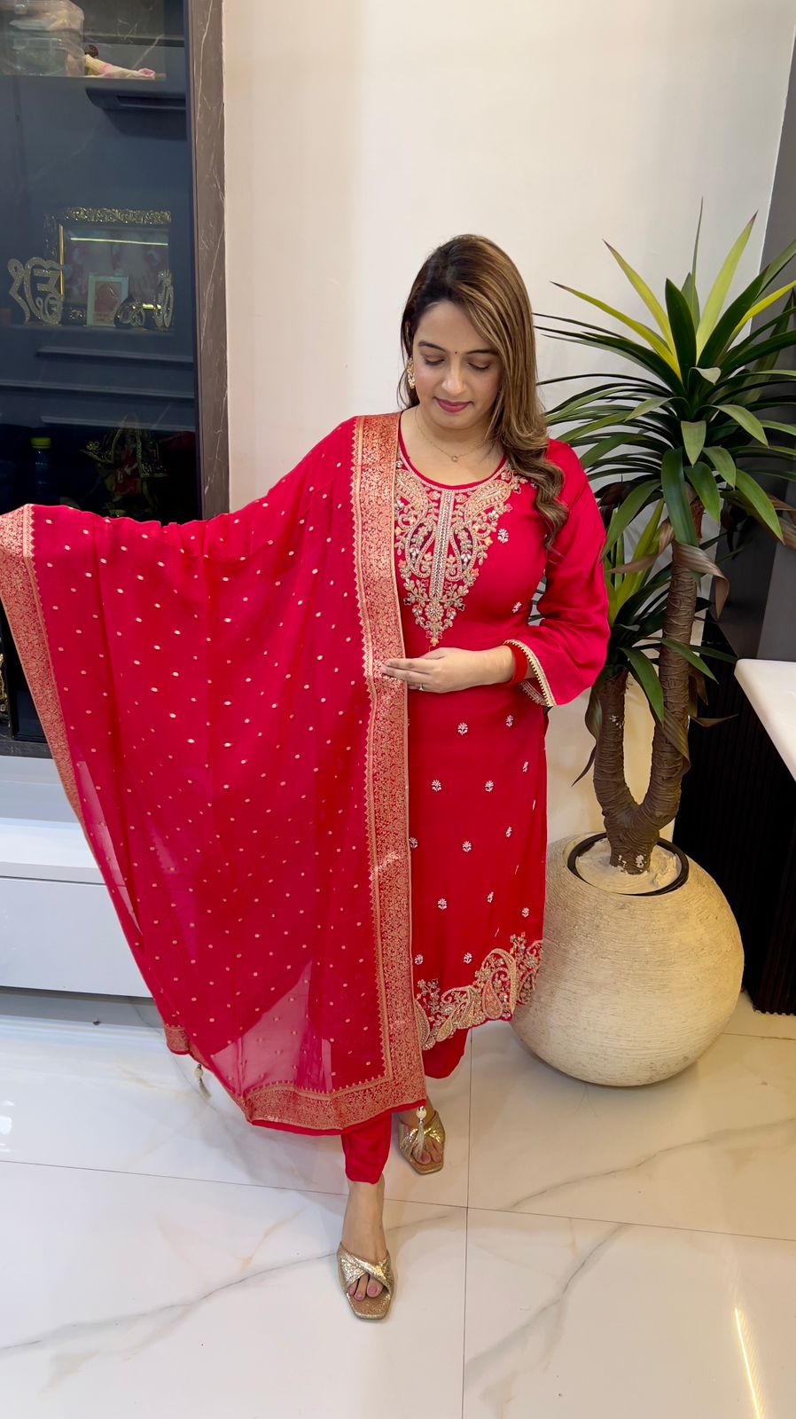 Paper Silk Hand-Embroidered Suit Set with Banarasi Dupatta