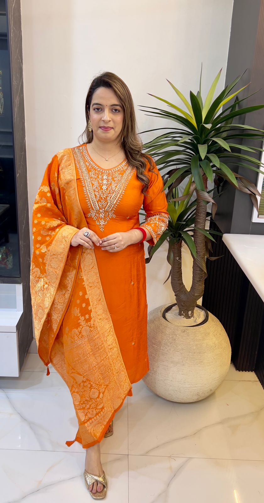 Paper Silk Hand-Embroidered Suit Set with Banarasi Dupatta