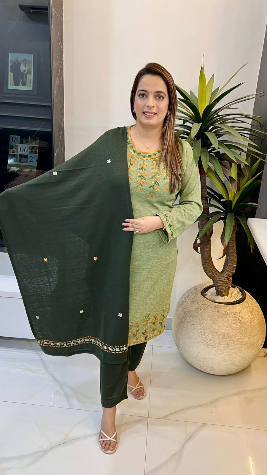 Luxurious woolen suit featuring intricate Kashmiri Kadhai embroidery