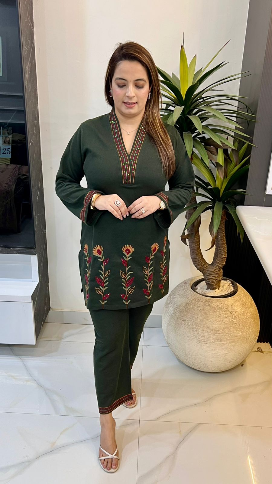 Premium woolen coord set adorned with exquisite Kashmiri Kadhai embroidery work