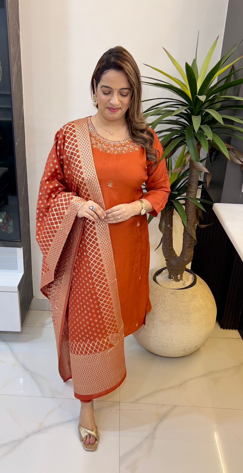 Designer Paper Silk Kurta with Hand Embroidery & Banarasi Dupatta