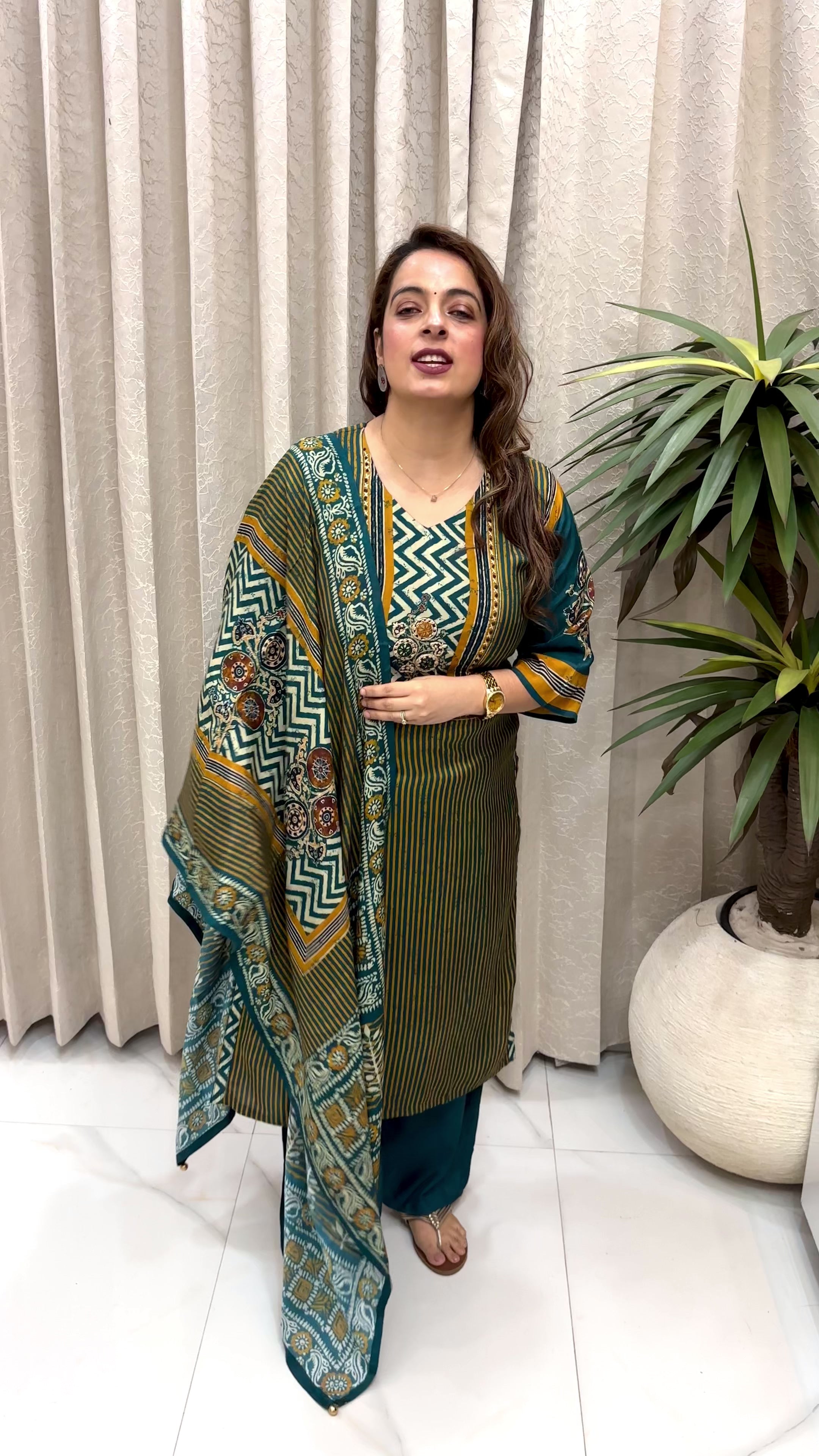 Premium Natural Crepe Ajrakh Suit Set with Mirror Work & Flared Bell Sleeves