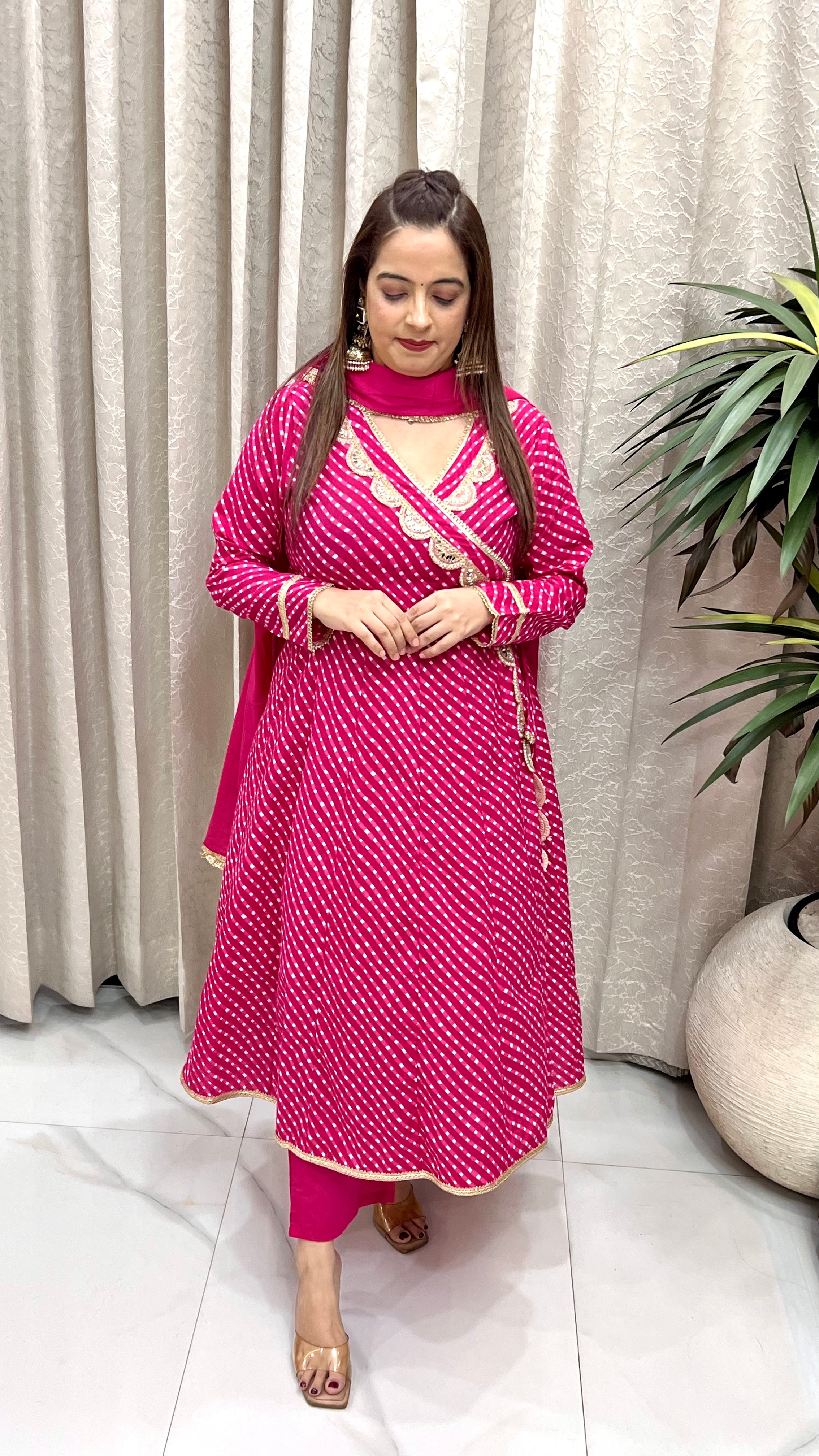 Pure Cotton Leheriya Anarkali Angrakha Suit with Hand Embroidery & Mulmul Cotton Dupatta