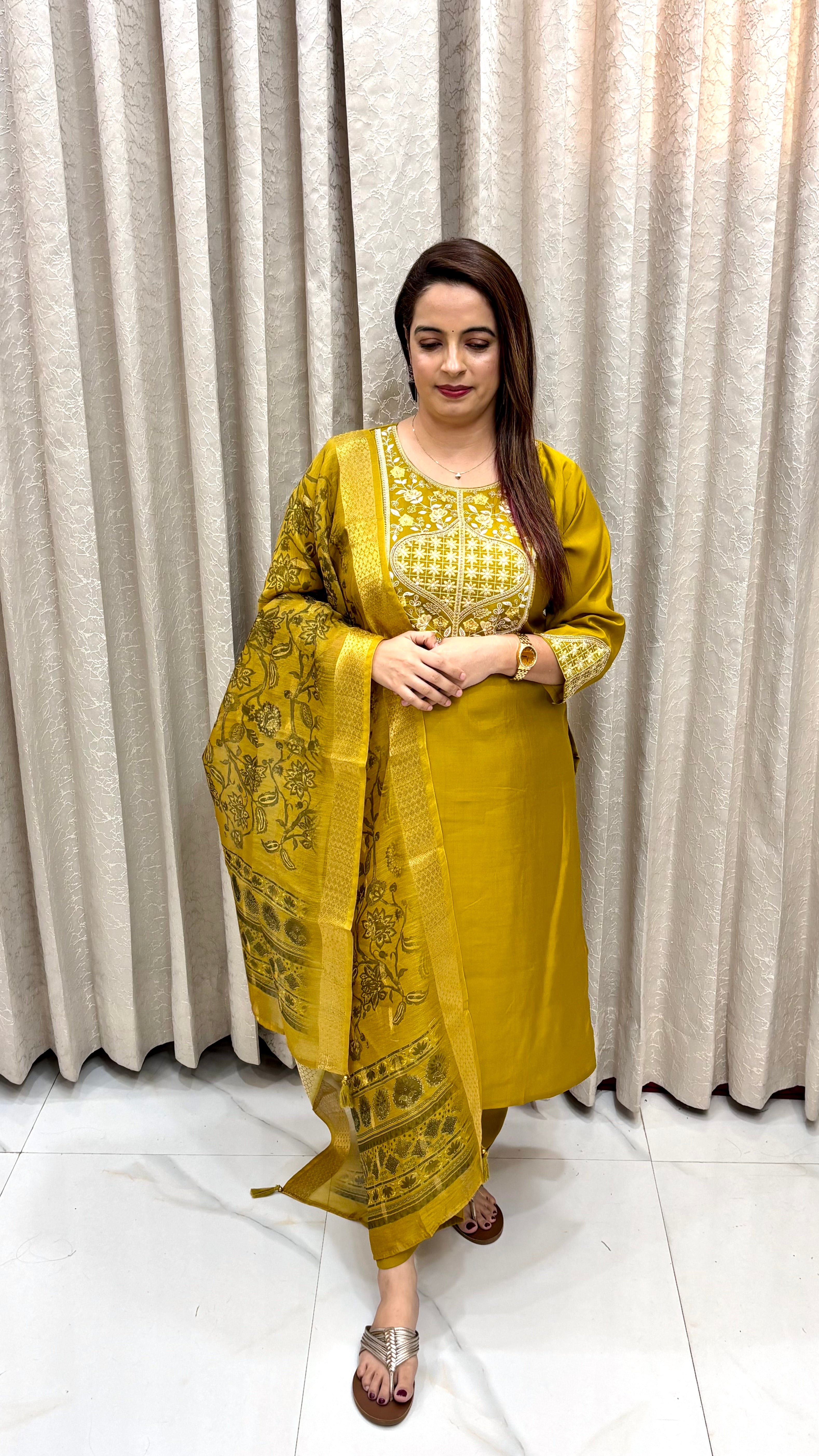 Masleen Hand-Embroidered Suit with Mul Chanderi Dupatta