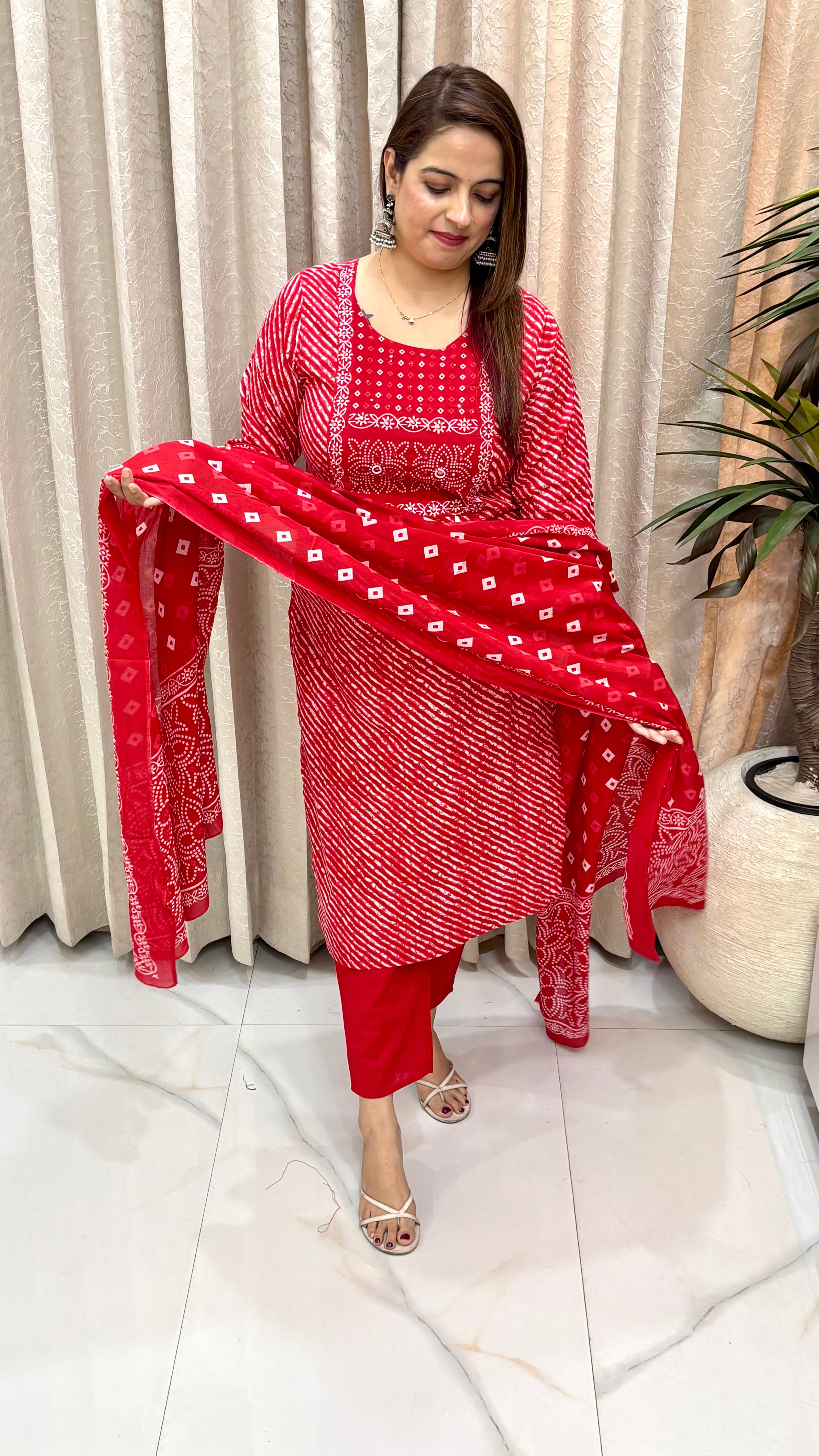 Pure Cotton Lehariya Bandhani Hand Embroidered Suit Set