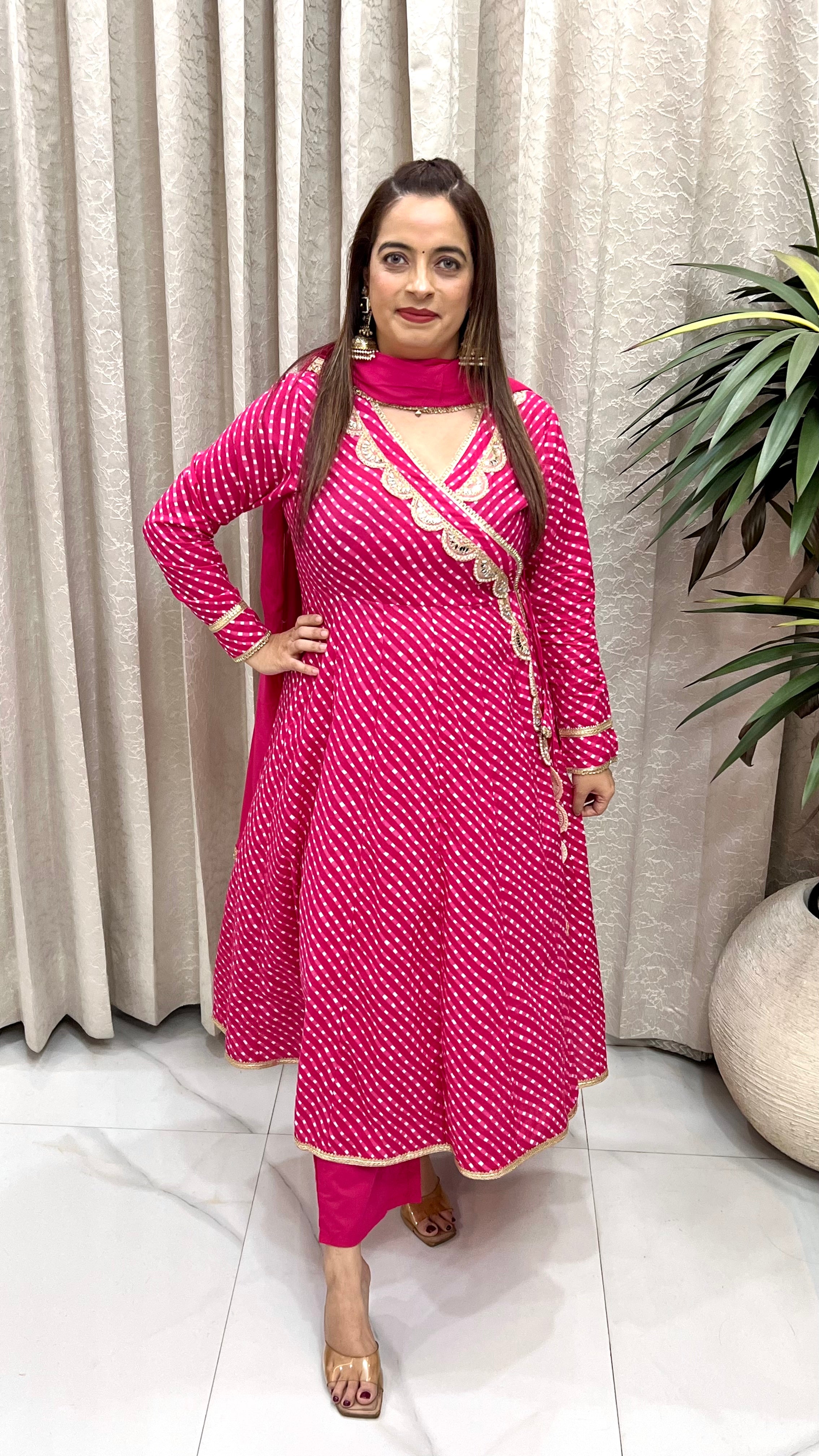 Pure Cotton Leheriya Anarkali Angrakha Suit with Hand Embroidery & Mulmul Cotton Dupatta