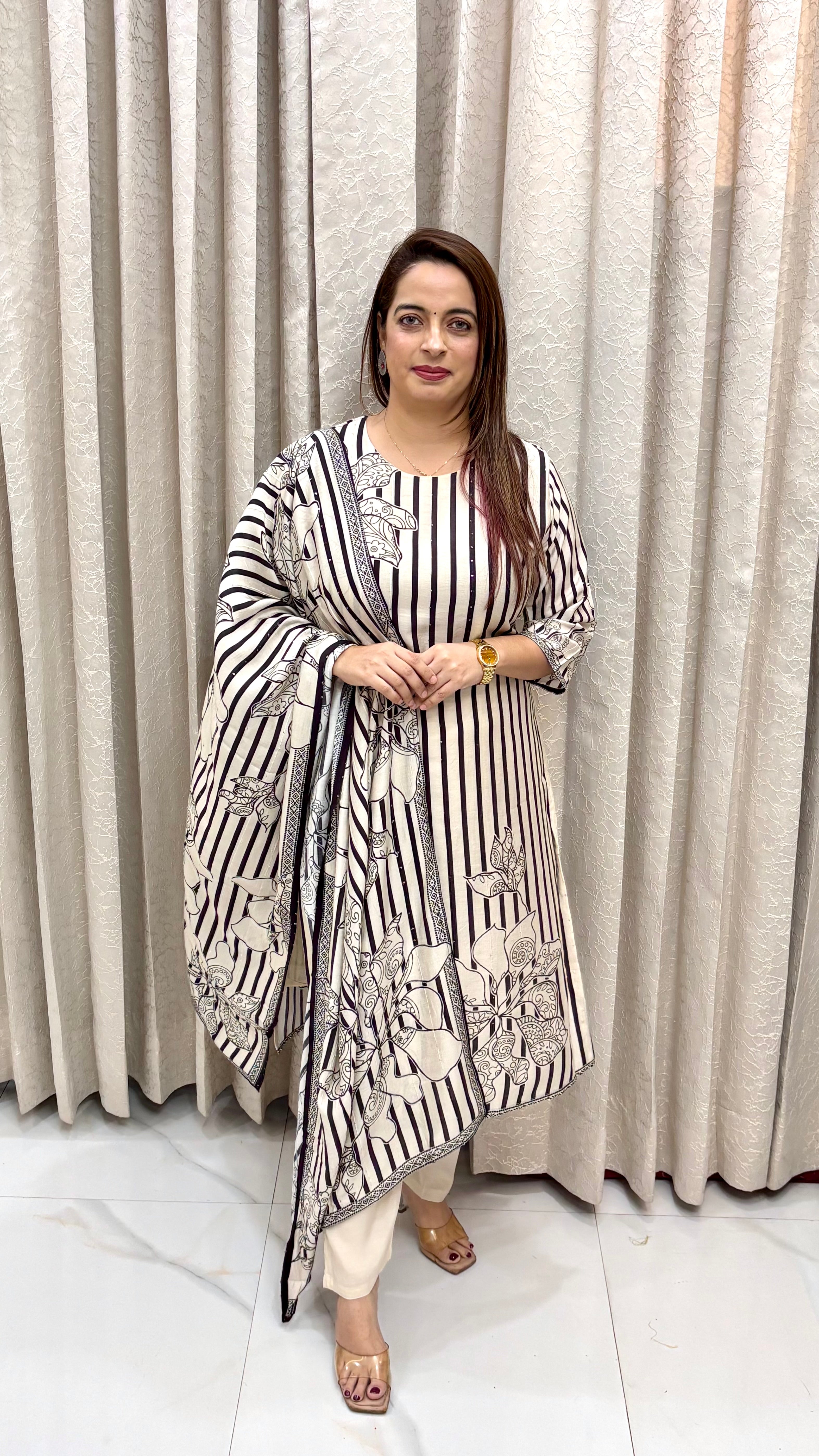 Striped Natural Crepe Floral Suit – Elegant Digital Print