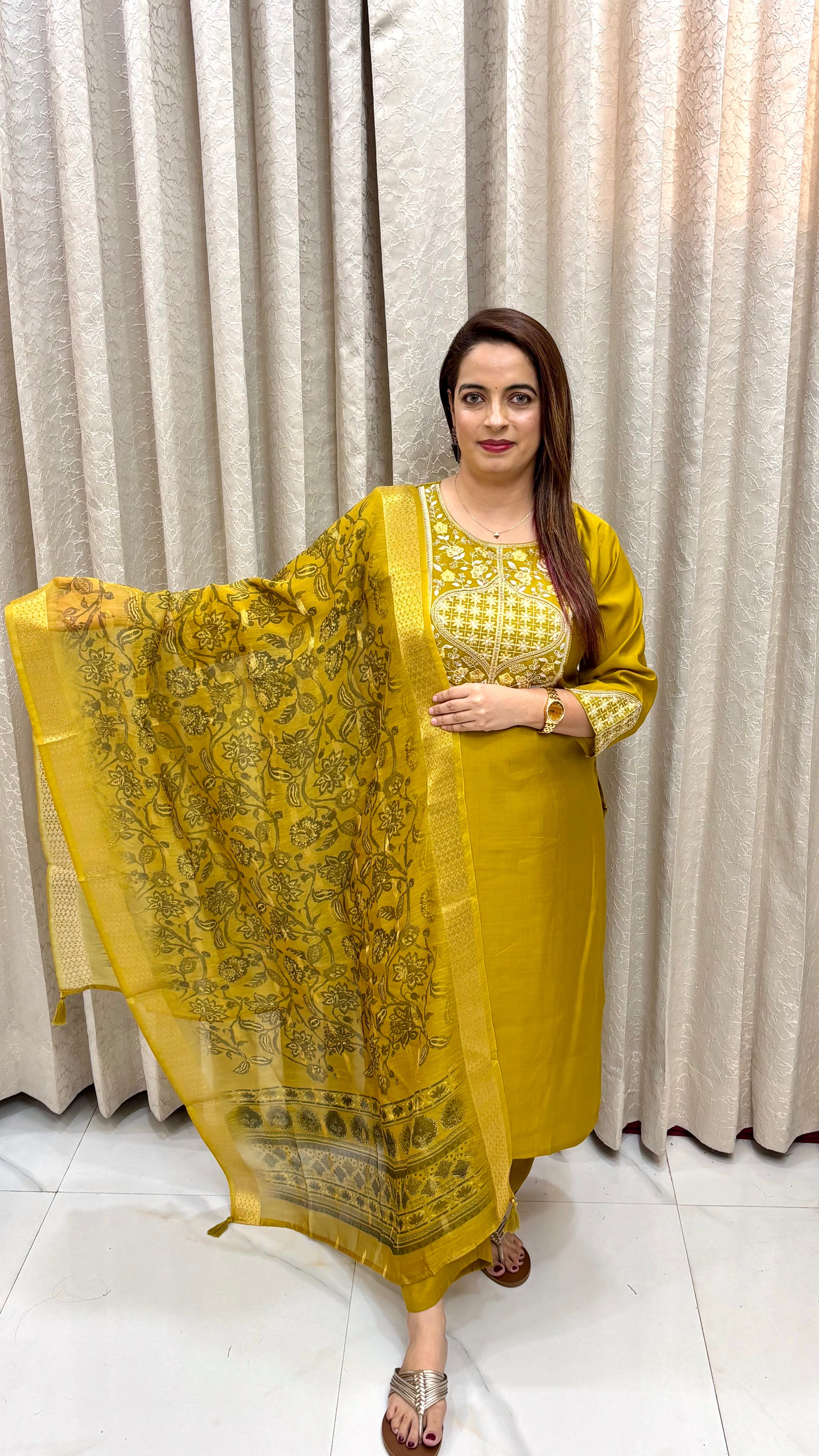 Masleen Hand-Embroidered Suit with Mul Chanderi Dupatta
