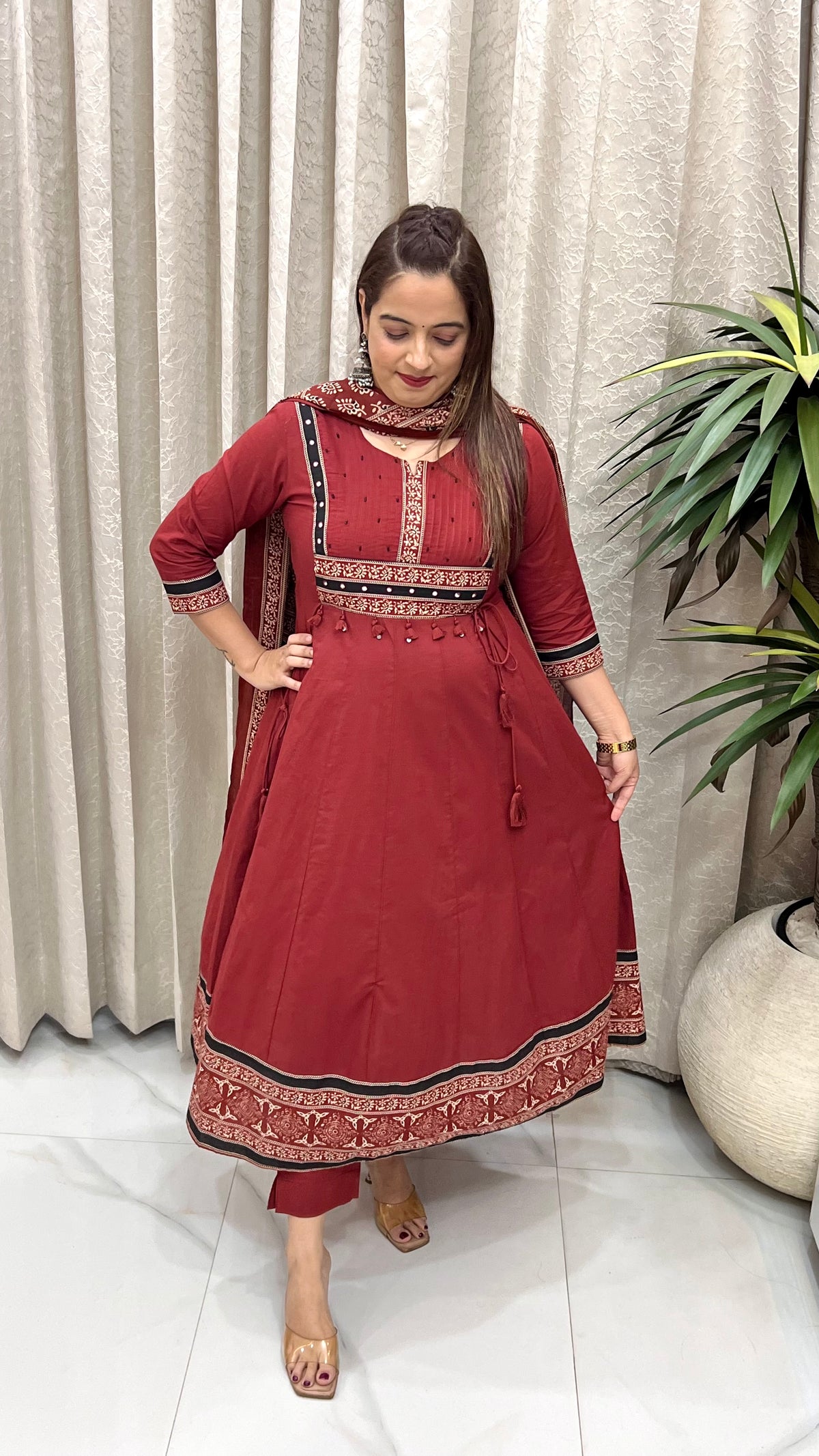 Pure Cotton A-Line Suit with Appliqué Work & Kalamkari Printed Dupatta