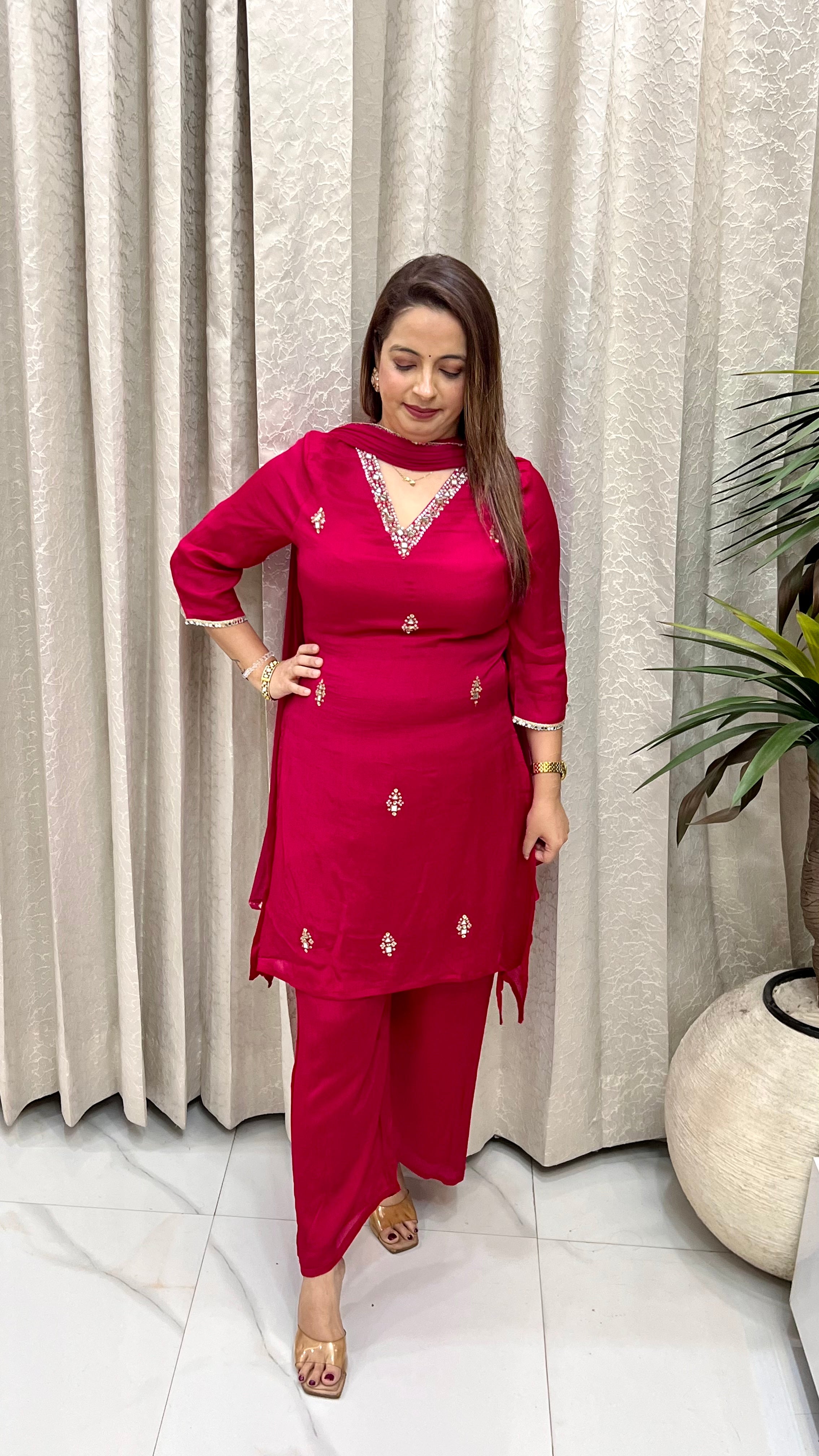 Premium Pure Chinon Suit Set with Real Mirror Work & Chiffon Dupatta