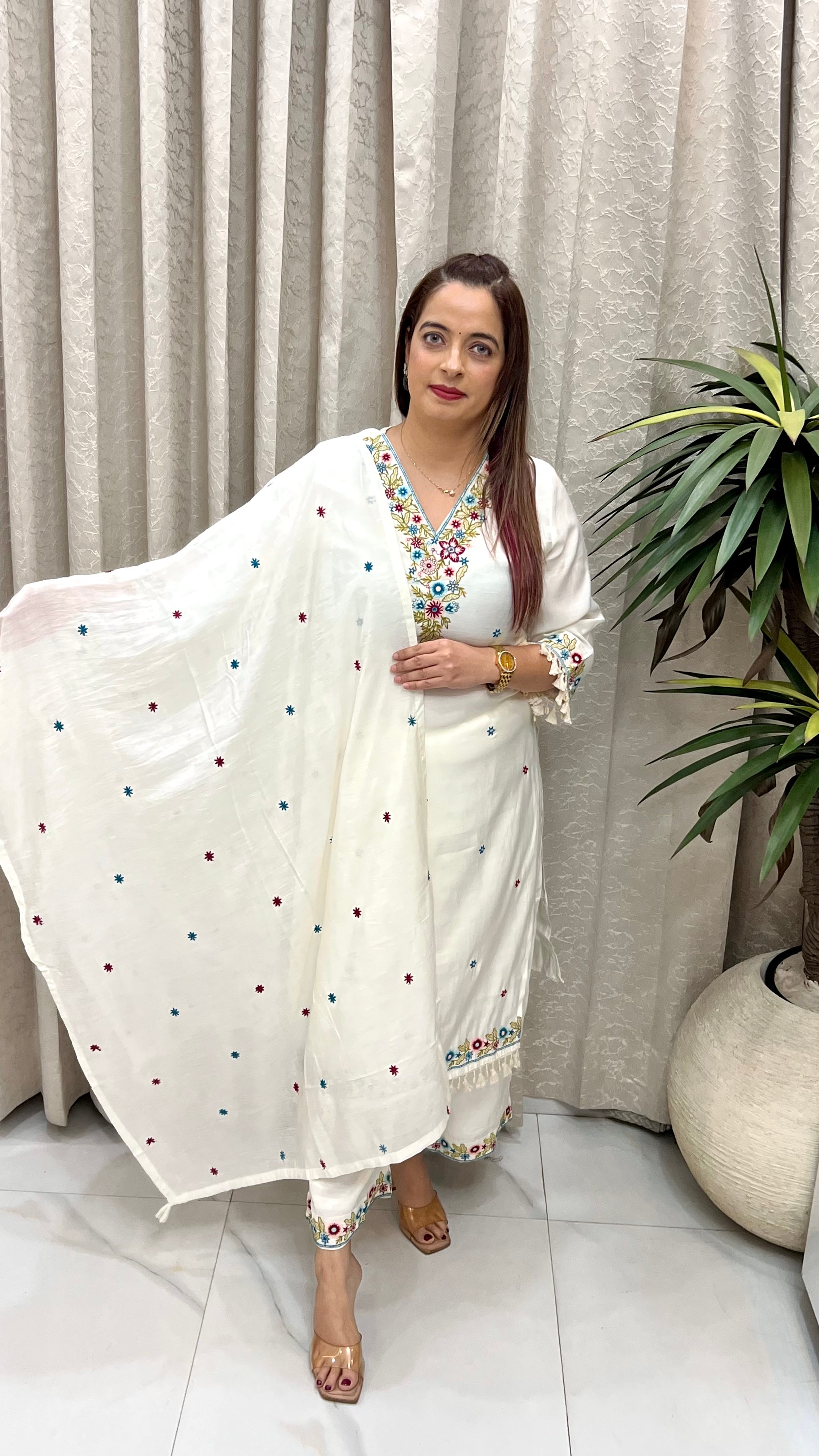 Mul Chanderi Suit with Hand Embroidery, Lined Palazzo & Embroidered Dupatta