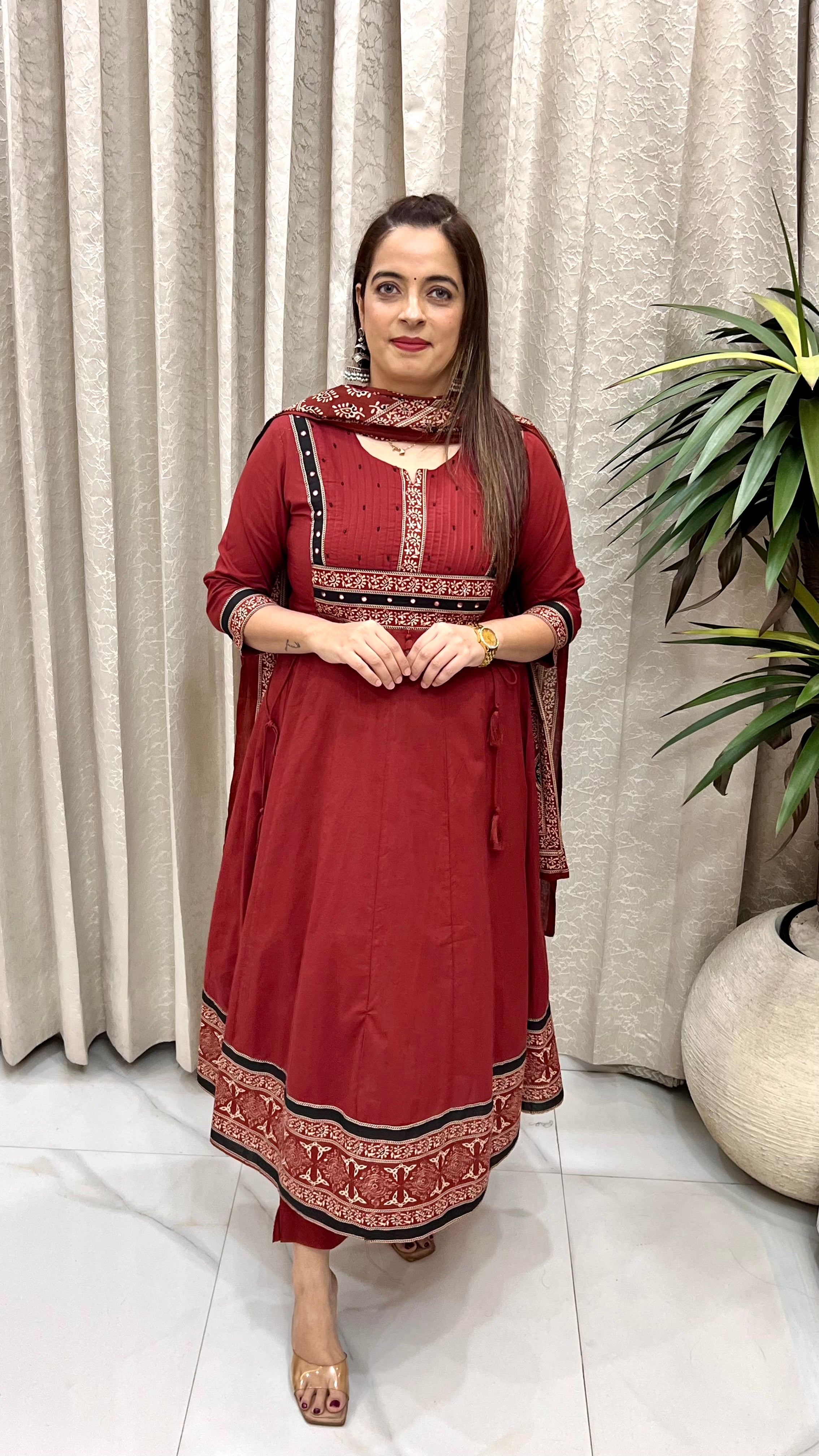 Pure Cotton A-Line Suit with Appliqué Work & Kalamkari Printed Dupatta