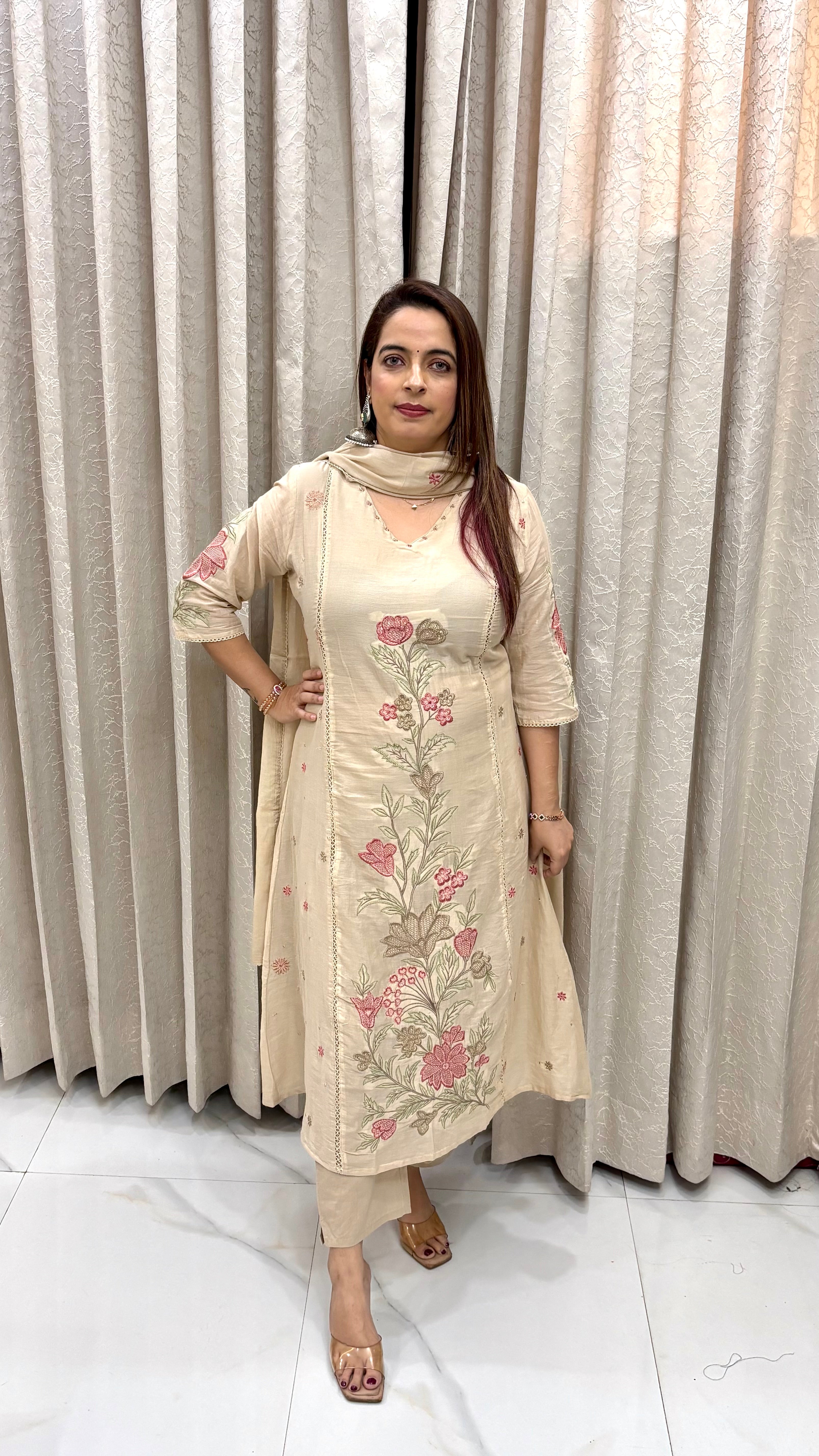 Pure Mul Cotton Embroidered Suit