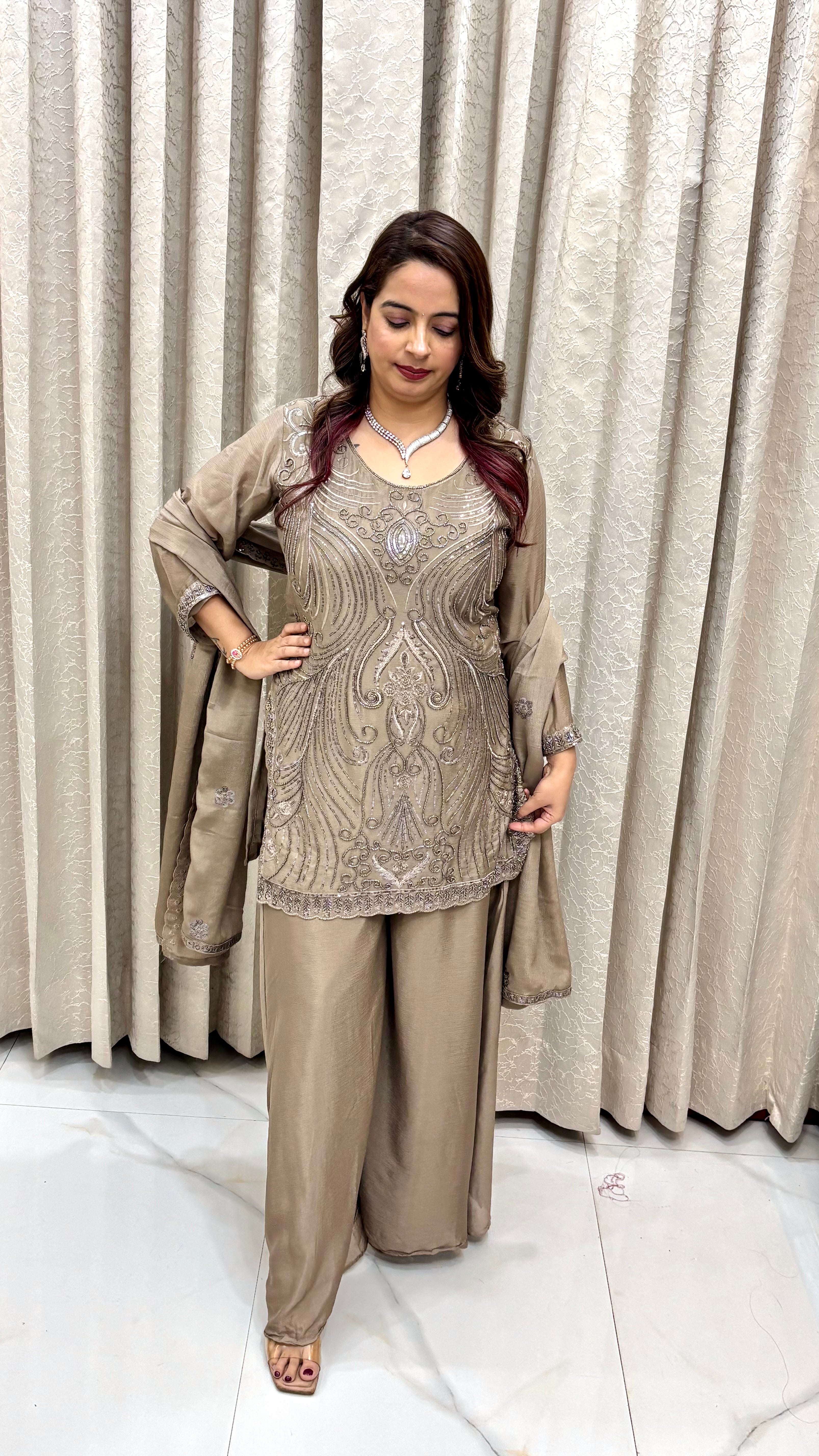 Pure Chinon Heavy Embroidered Suit