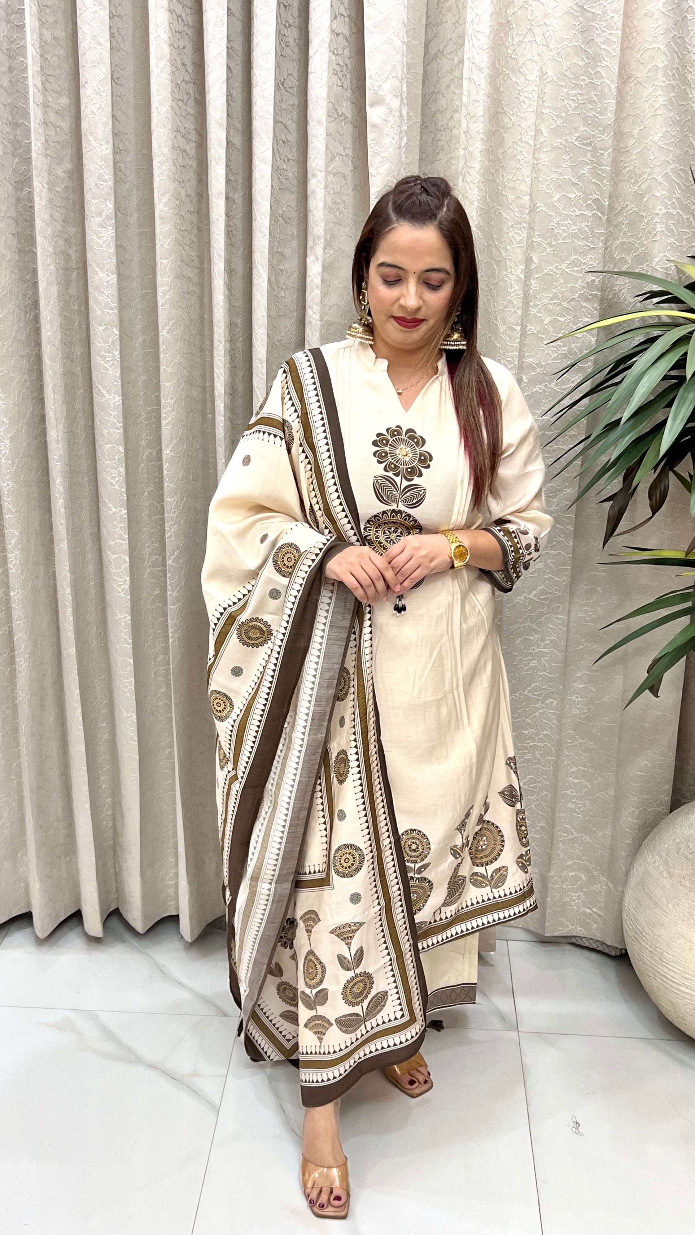 Mul Chanderi Suit with Ban Neck, Hand Embroidery & Cotton Silk Bottom
