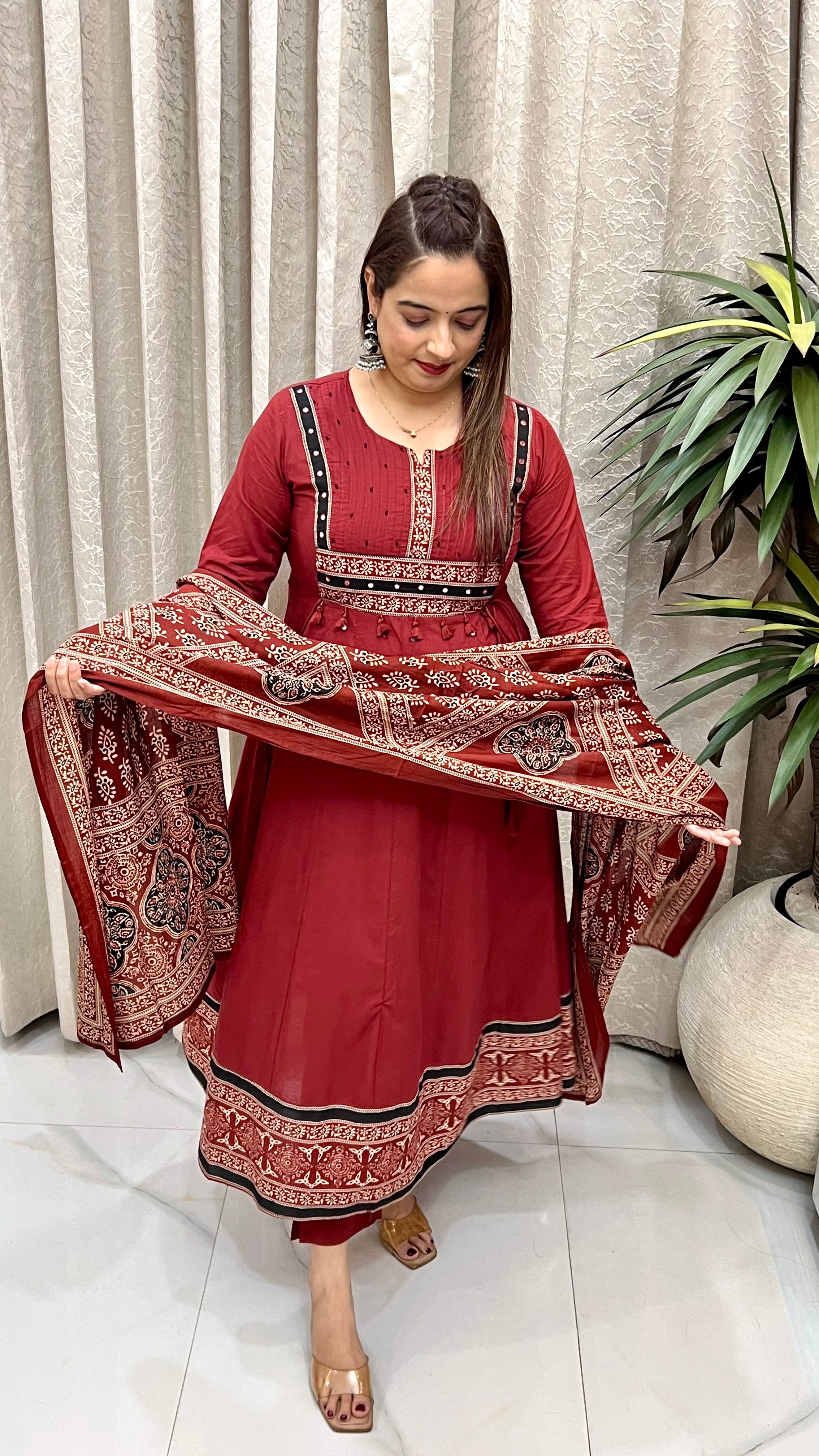 Pure Cotton A-Line Suit with Appliqué Work & Kalamkari Printed Dupatta