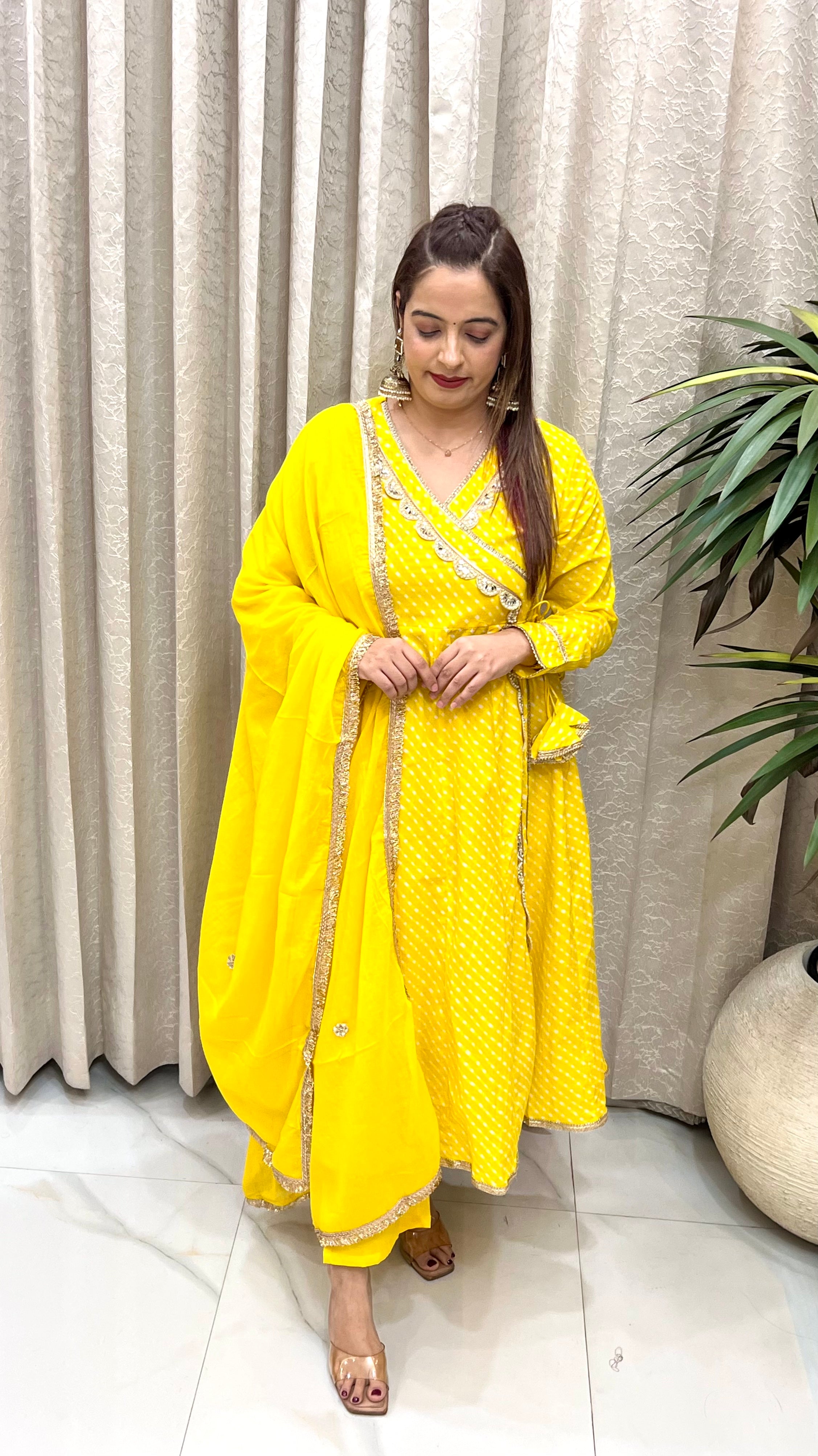 Pure Cotton Leheriya Anarkali Angrakha Suit with Hand Embroidery & Mulmul Cotton Dupatta