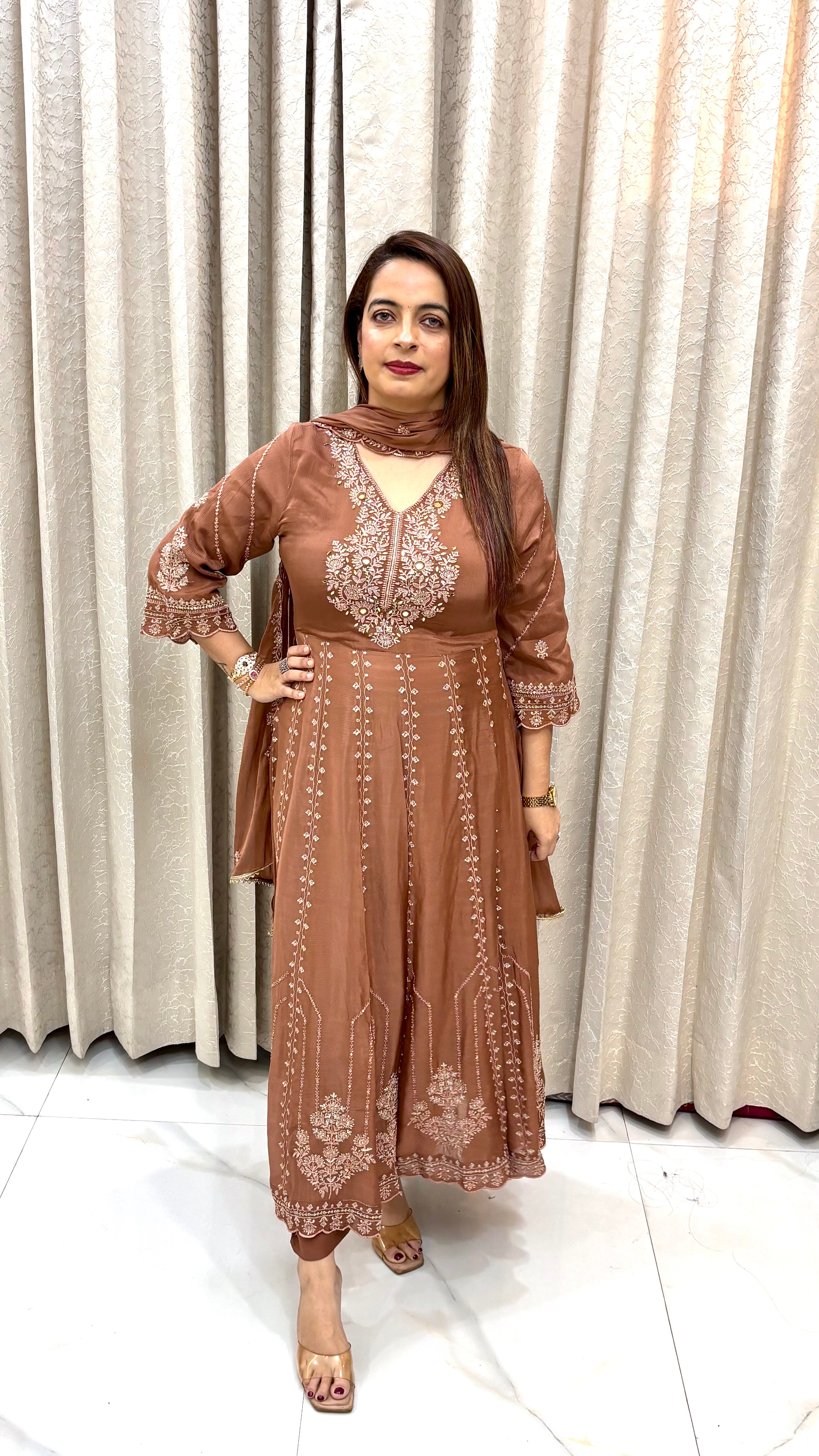 Pure Chinon Embroidered Anarkali Suit