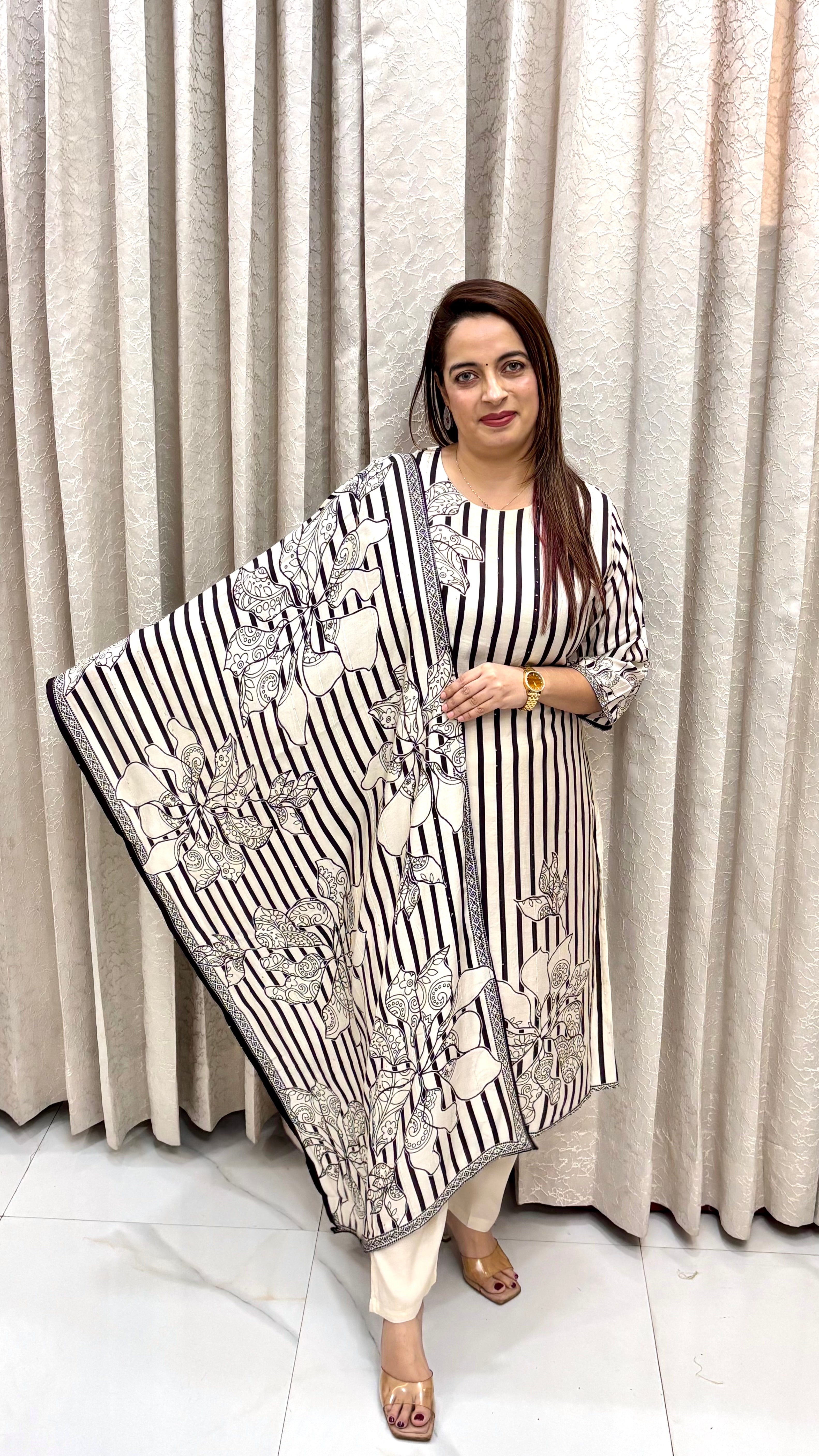 Striped Natural Crepe Floral Suit – Elegant Digital Print