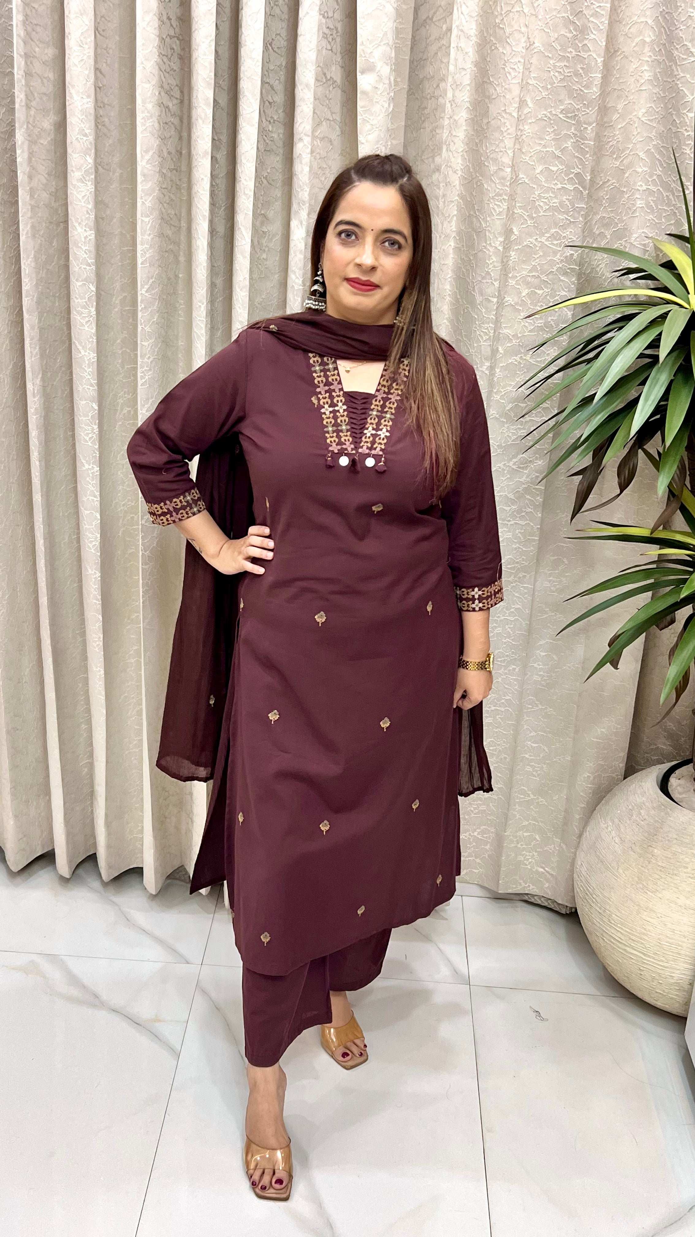 Handloom Cotton A-Line Suit with Hand Embroidery & Mulmul Crush 3D Dupatta