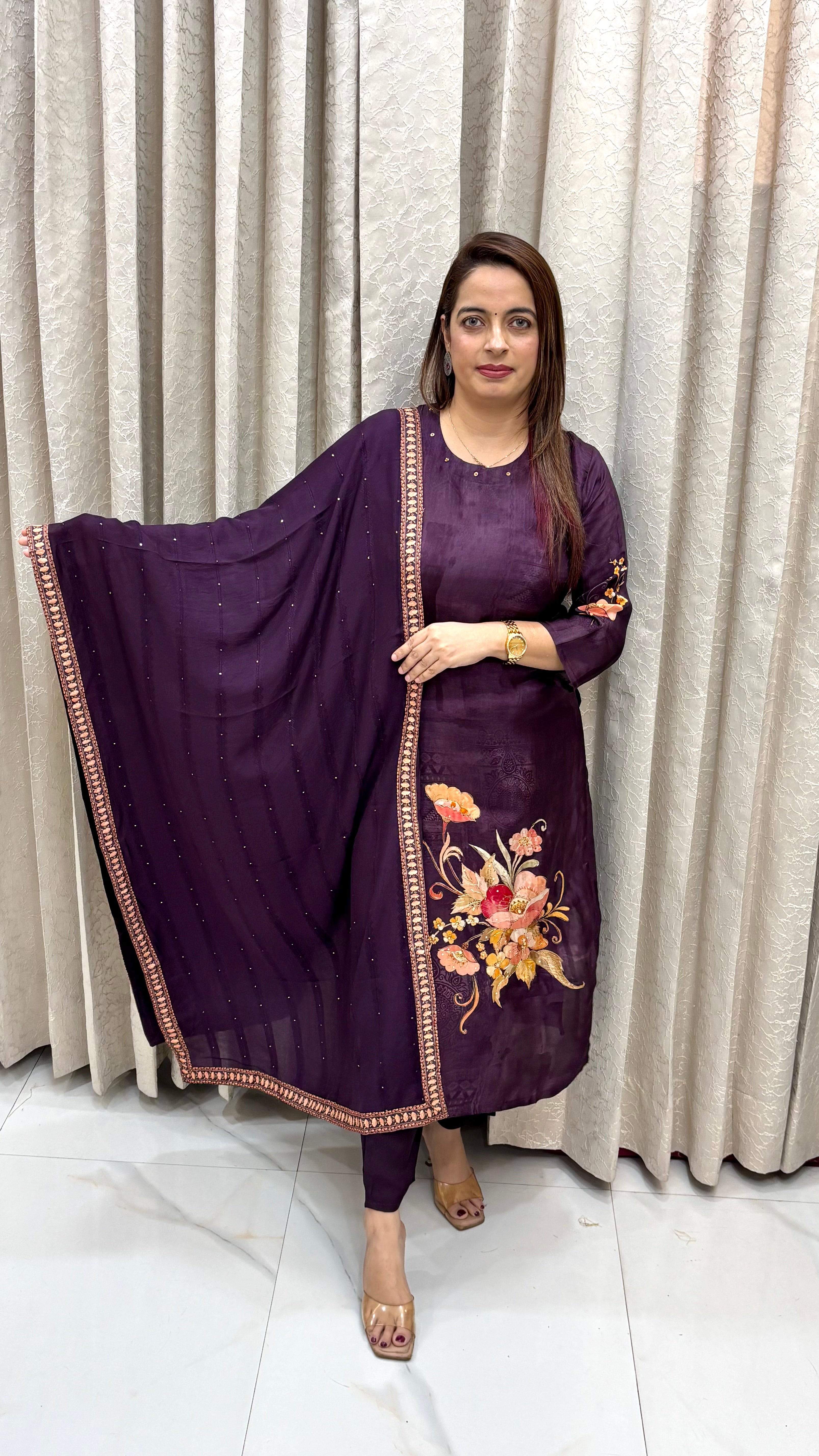 Elegant Natural Crepe Suit – Self Print & Sequin Highlights