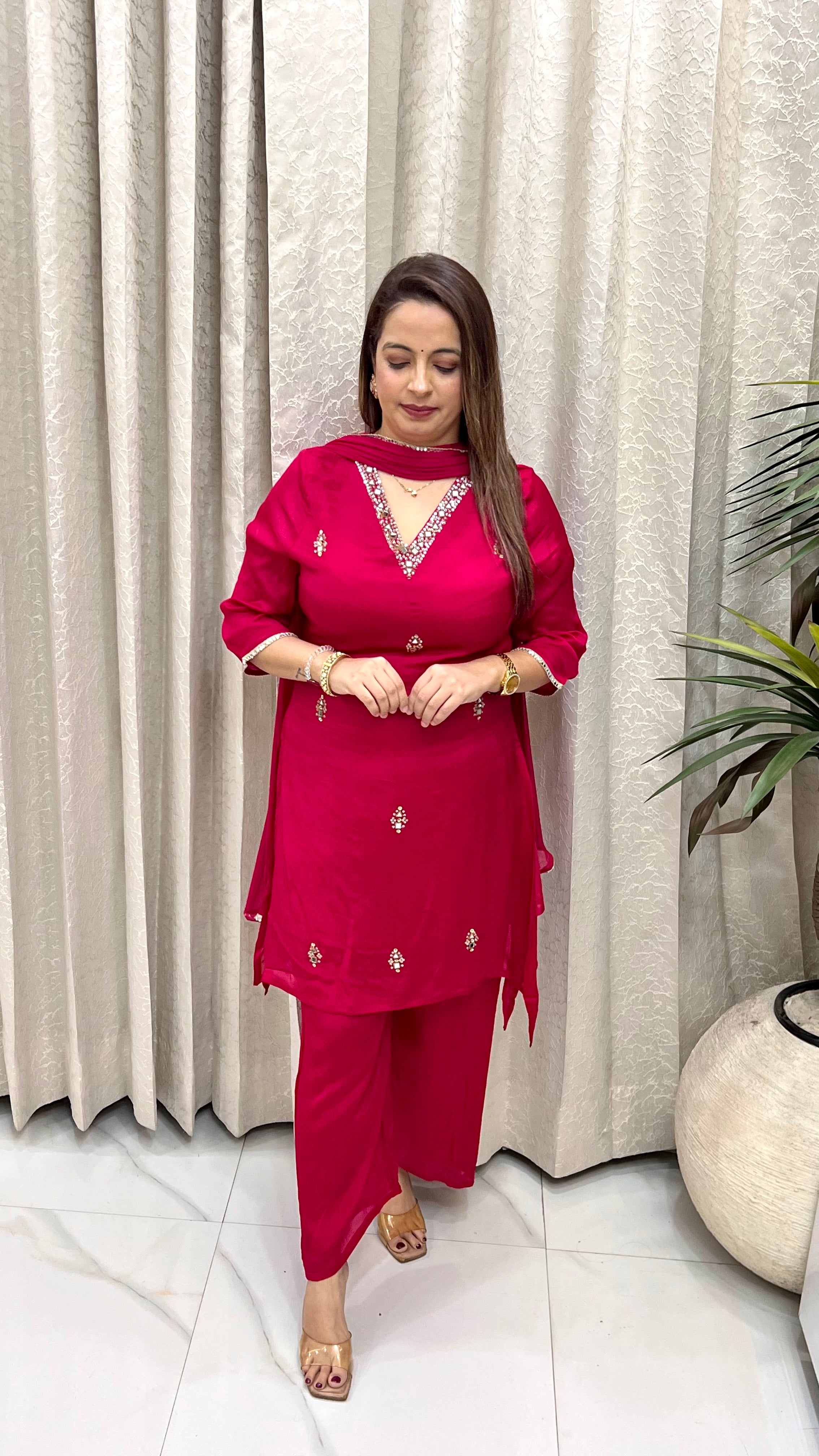 Premium Pure Chinon Suit Set with Real Mirror Work & Chiffon Dupatta