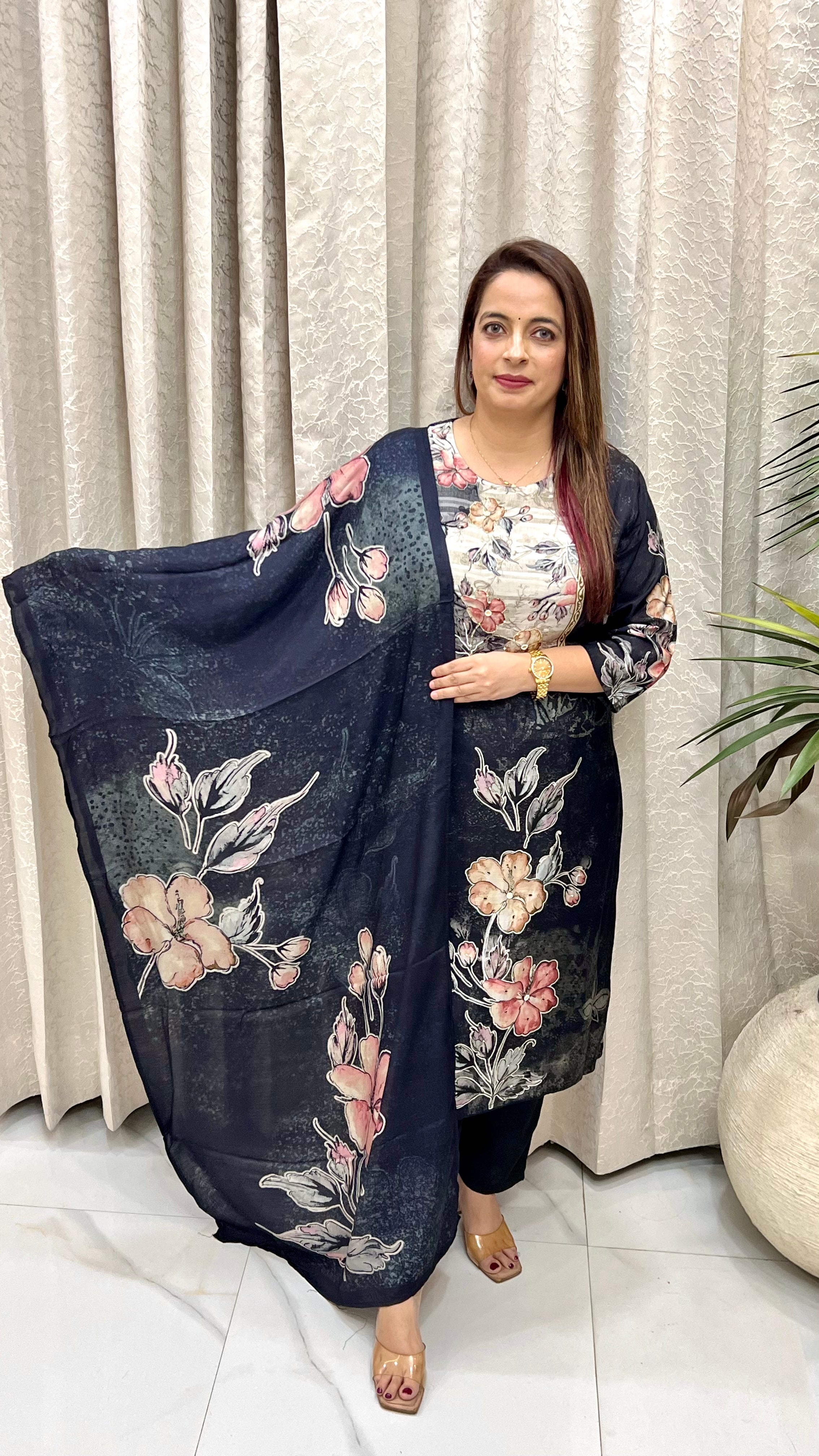 Premium Pure Crepe Digital Print Suit Set with Hand Embroidery