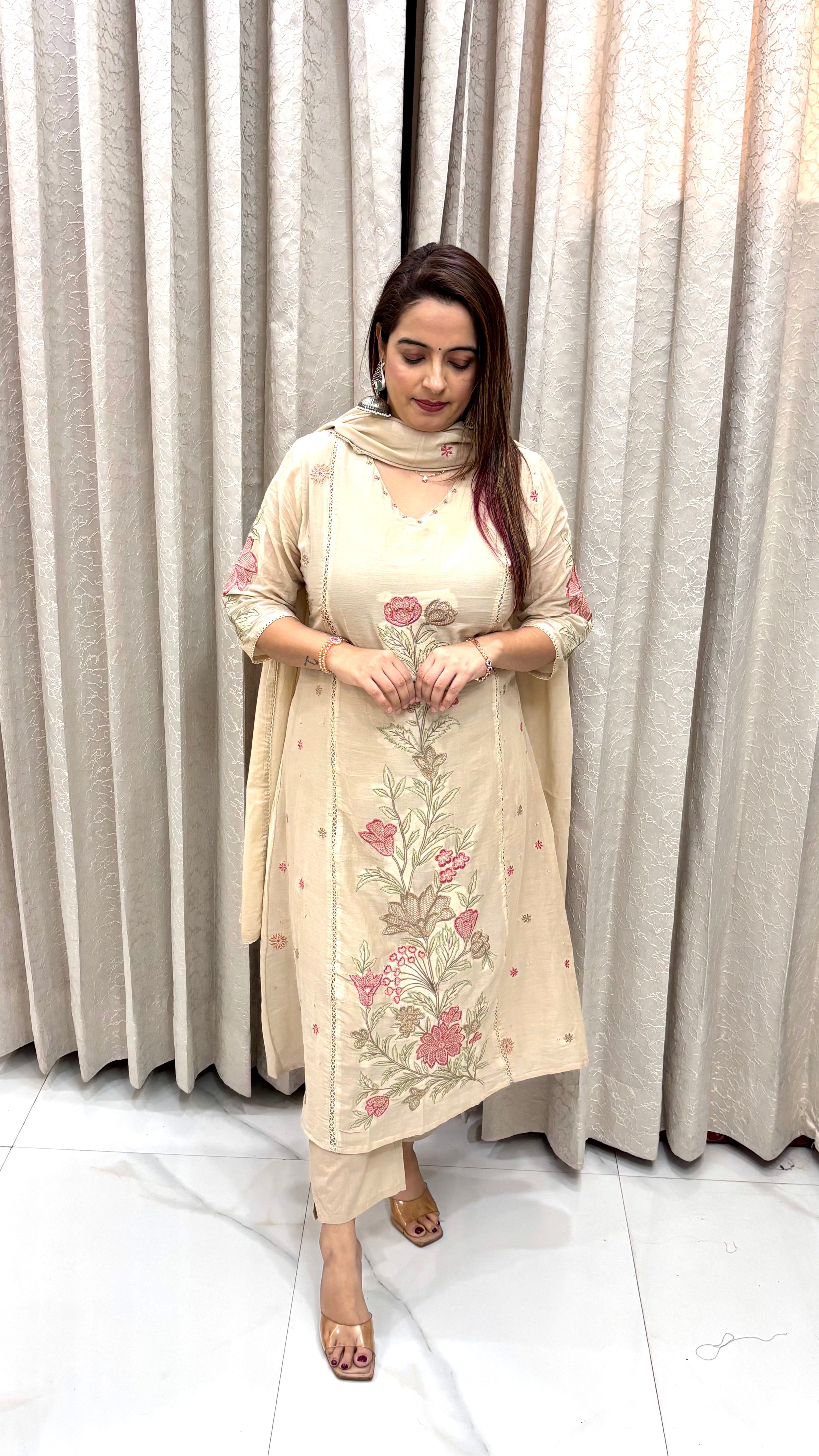 Pure Mul Cotton Embroidered Suit
