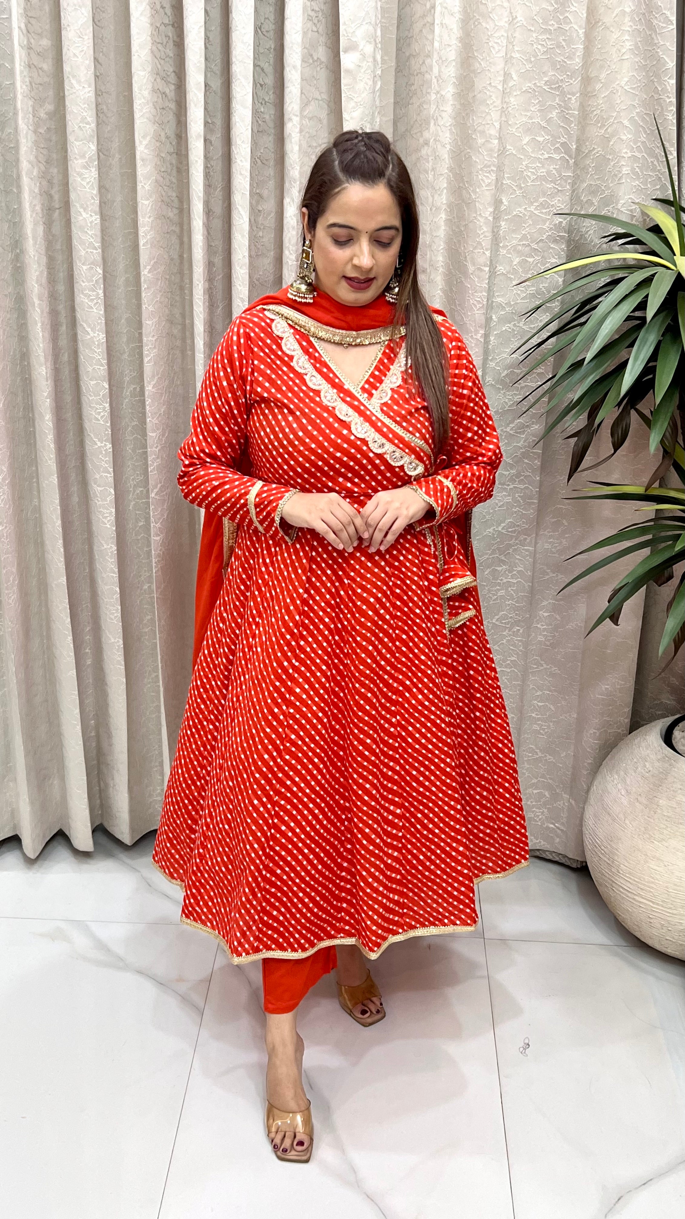 Pure Cotton Leheriya Anarkali Angrakha Suit with Hand Embroidery & Mulmul Cotton Dupatta