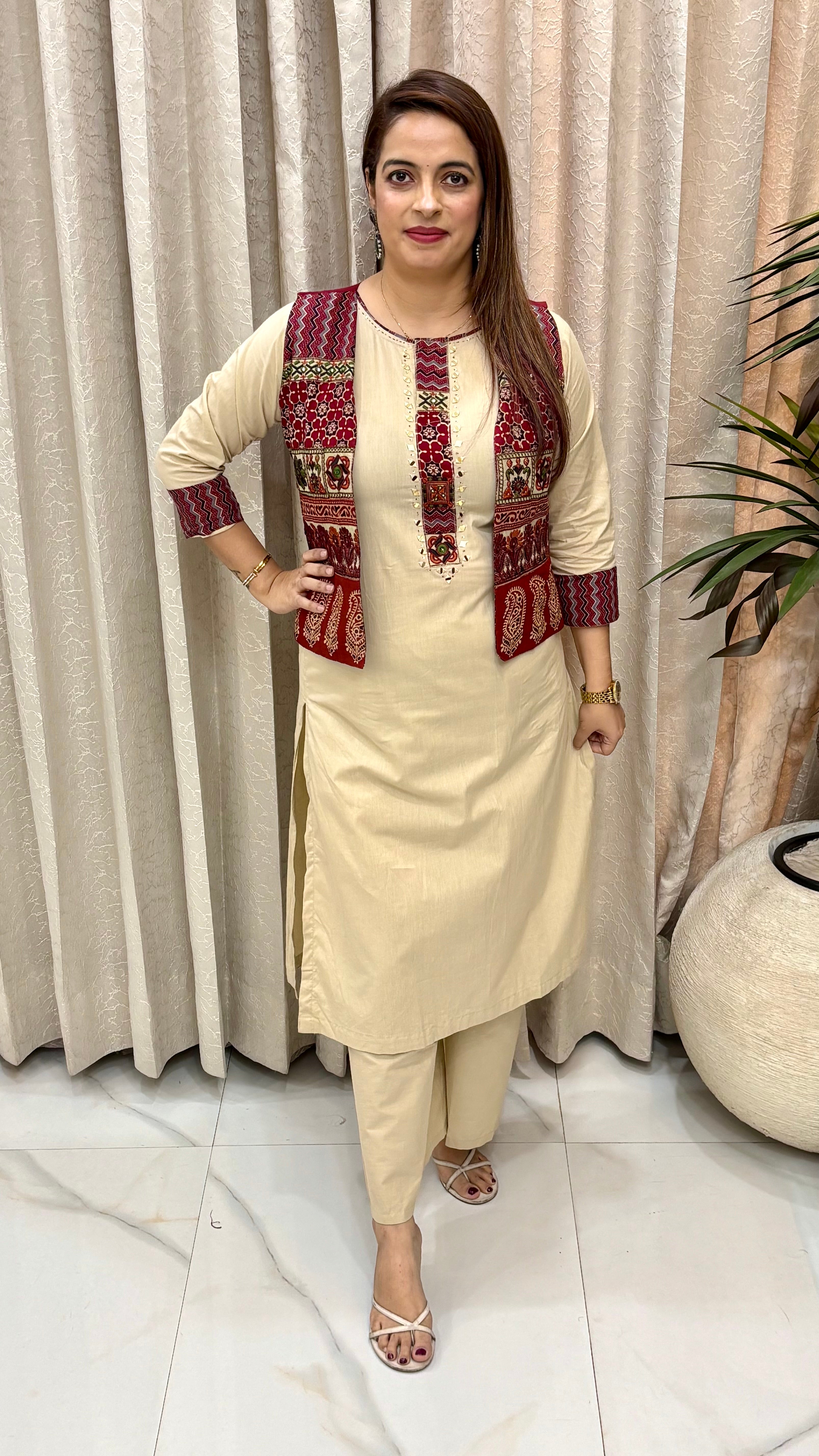 Pure Cotton Embroidered Suit with Detachable Jacket