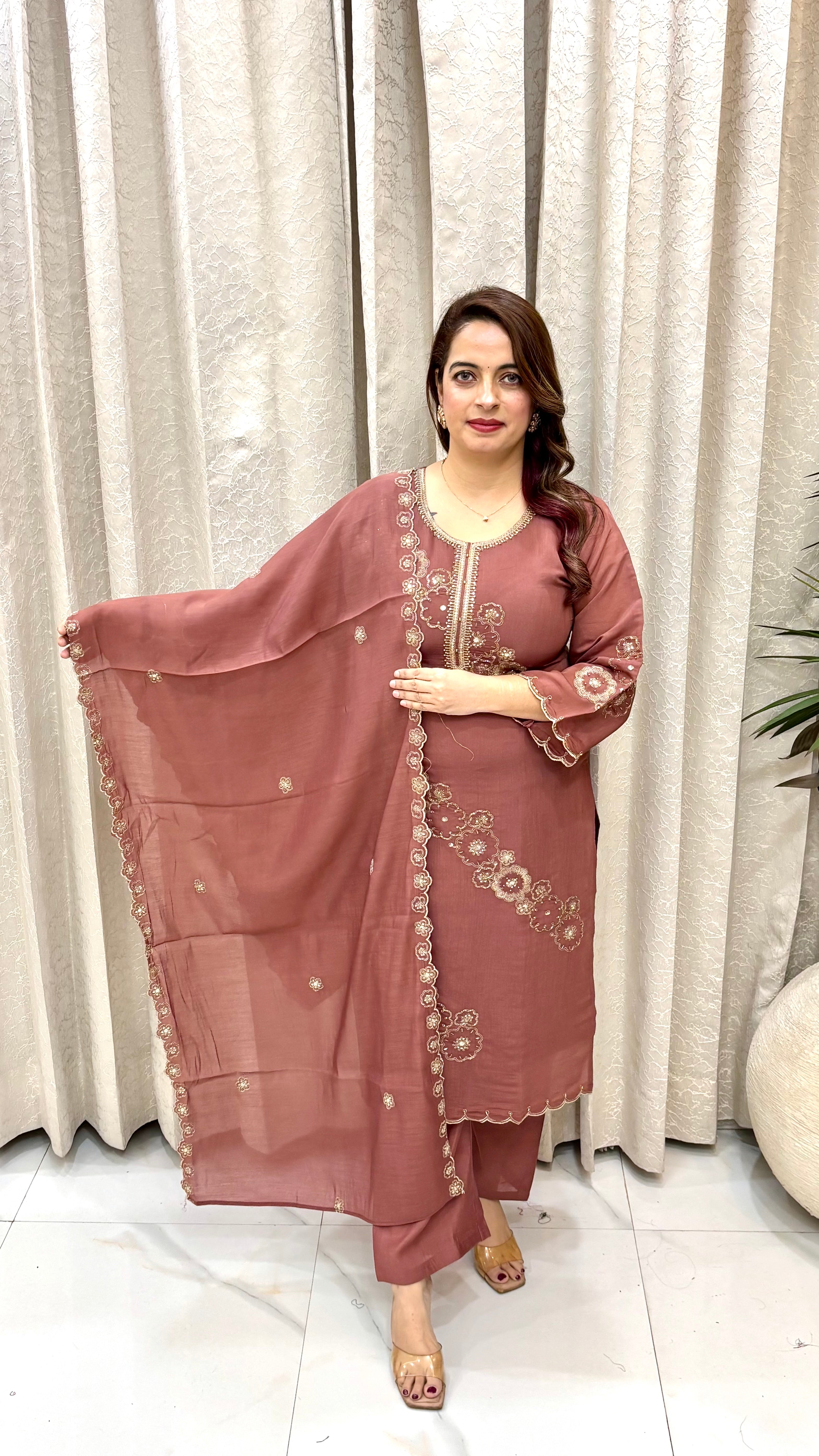 Mul Chanderi Embroidered Suit