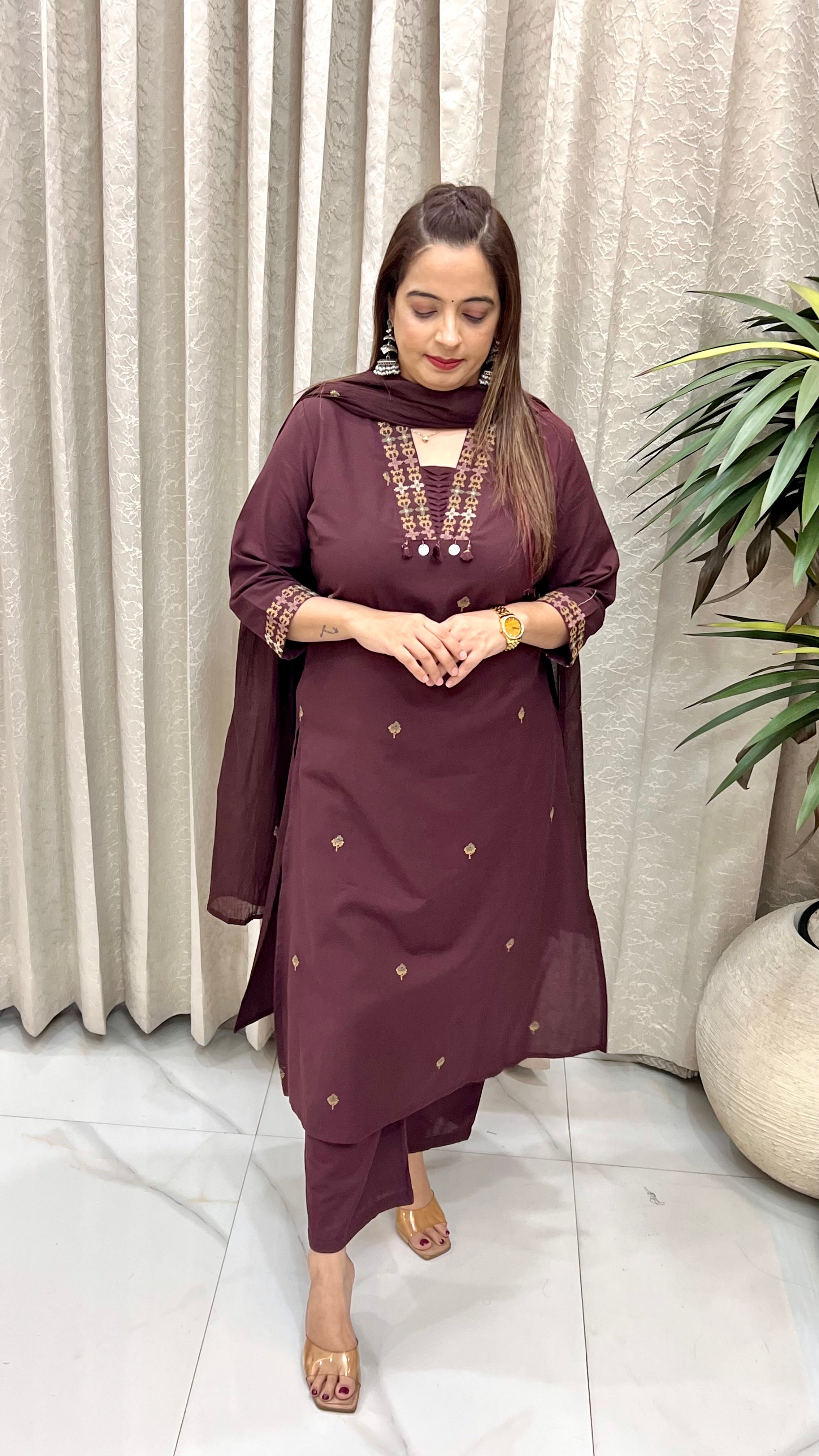 Handloom Cotton A-Line Suit with Hand Embroidery & Mulmul Crush 3D Dupatta