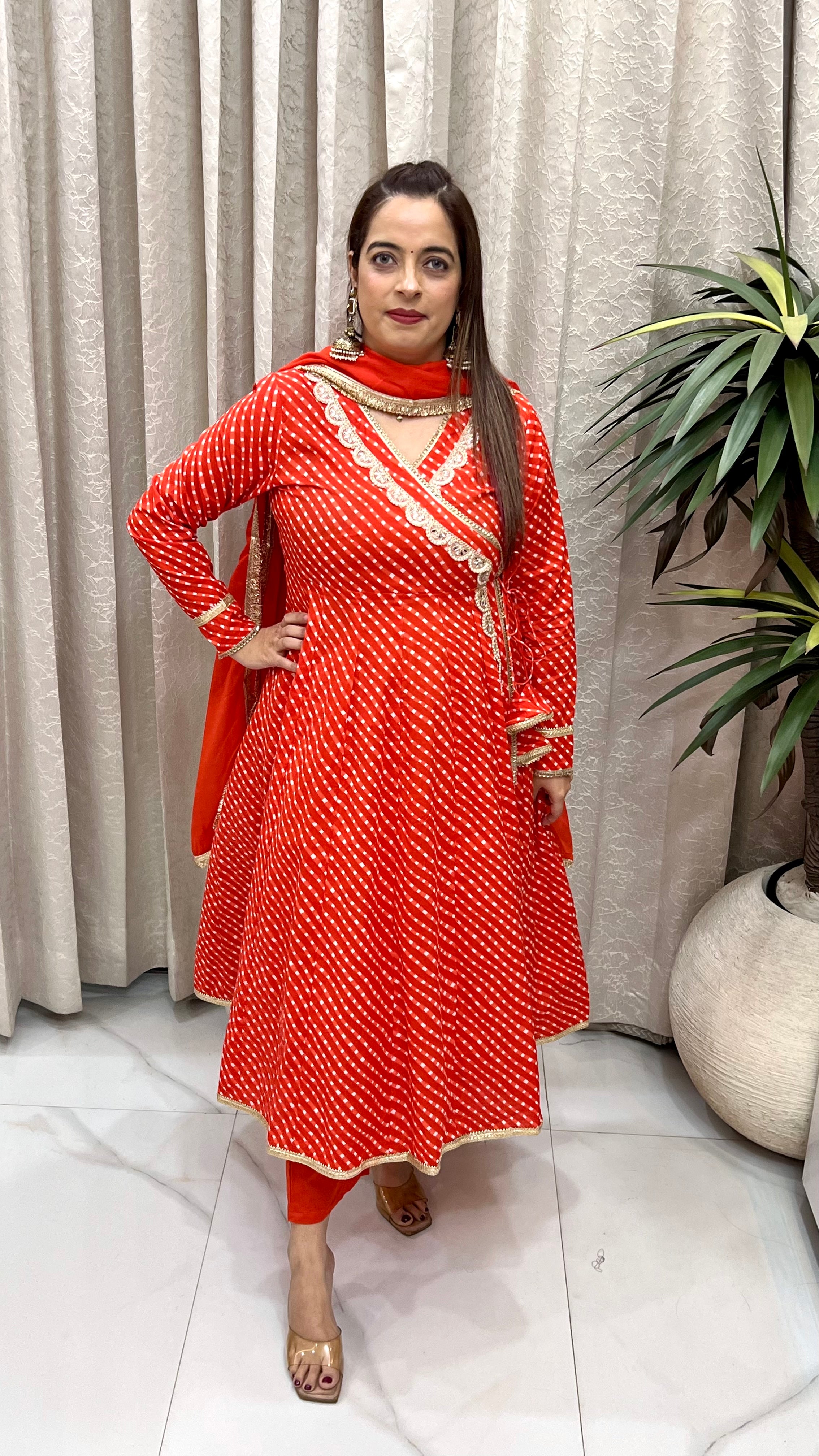 Pure Cotton Leheriya Anarkali Angrakha Suit with Hand Embroidery & Mulmul Cotton Dupatta