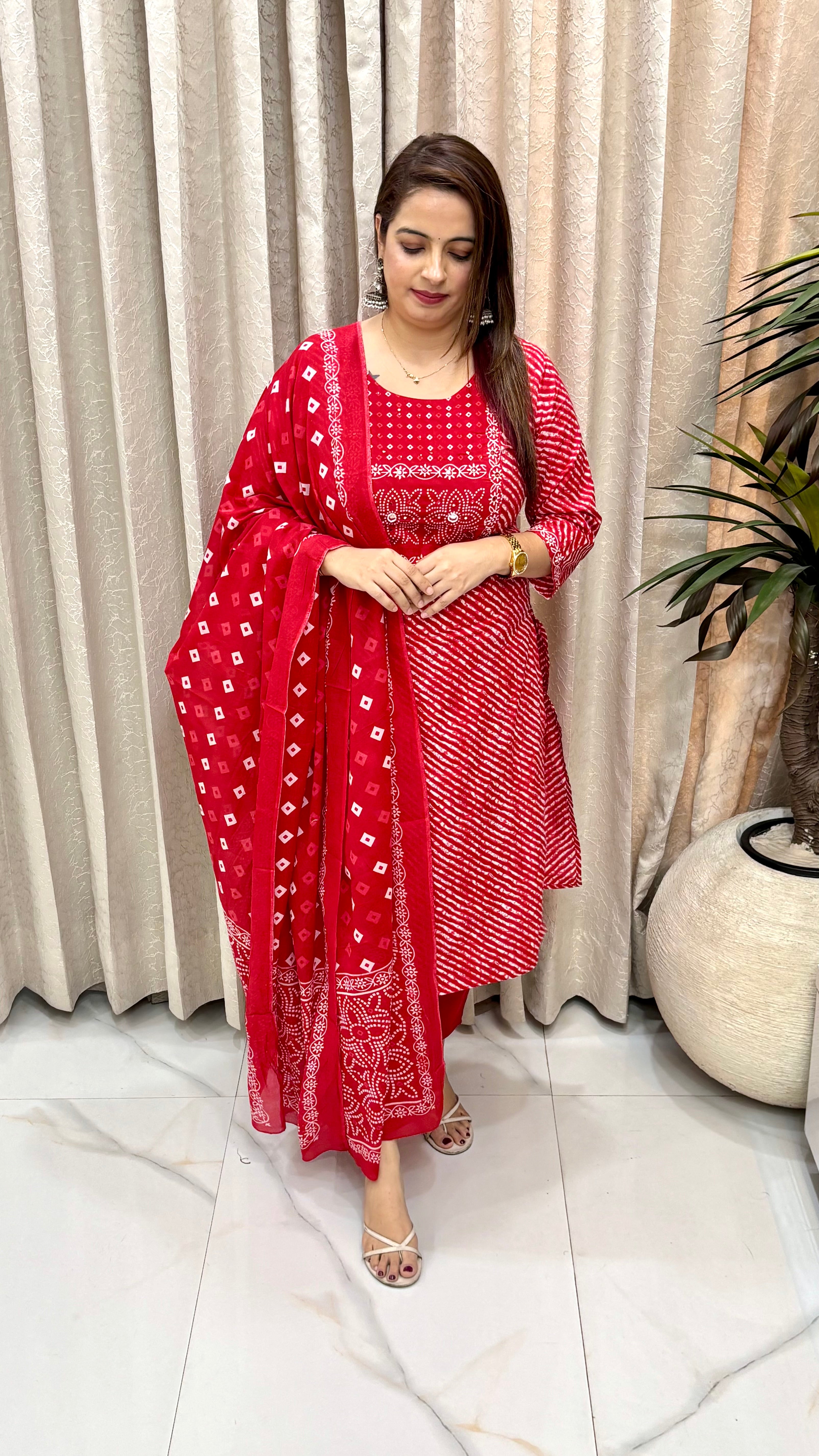 Pure Cotton Lehariya Bandhani Hand Embroidered Suit Set