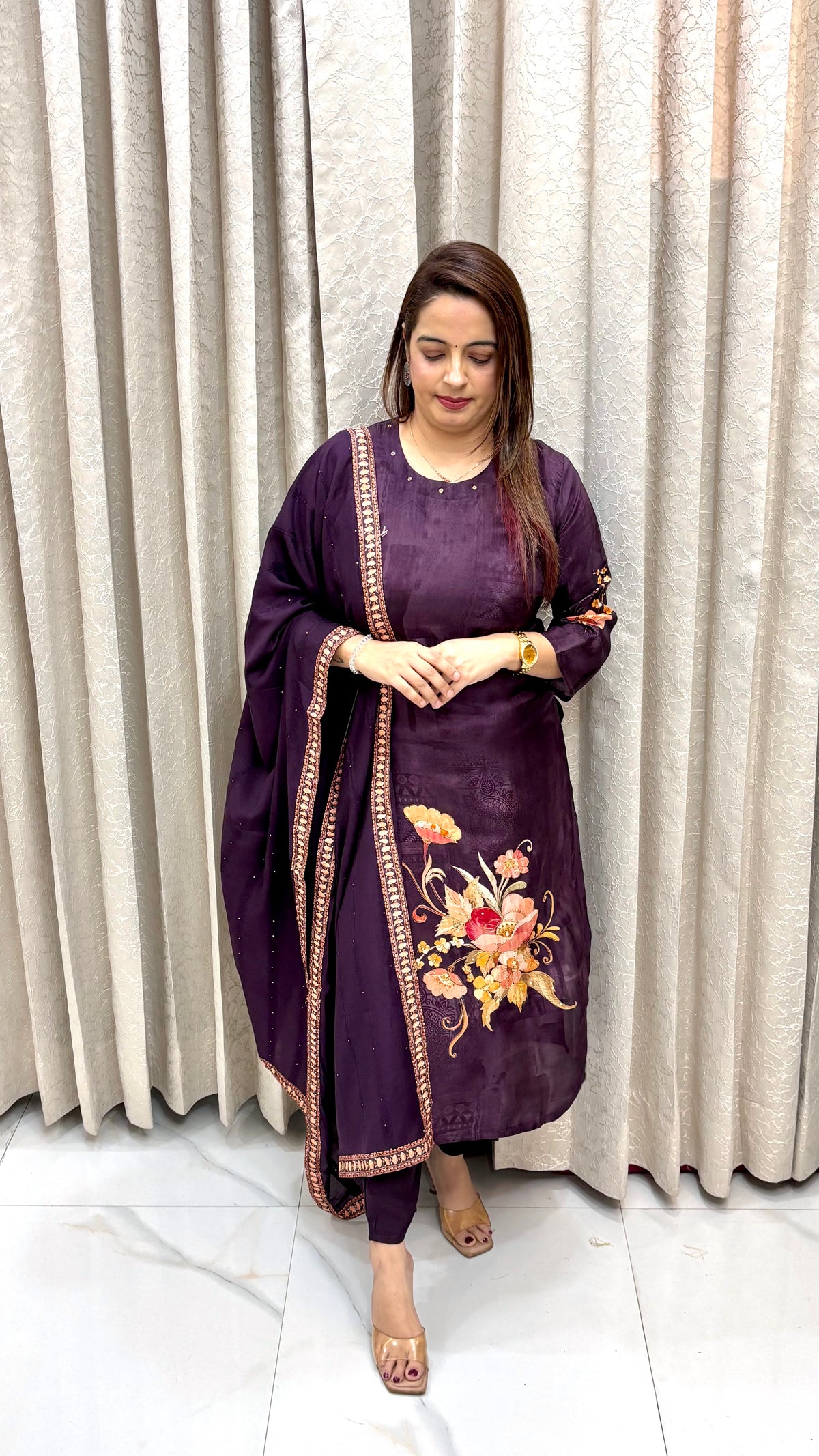 Elegant Natural Crepe Suit – Self Print & Sequin Highlights