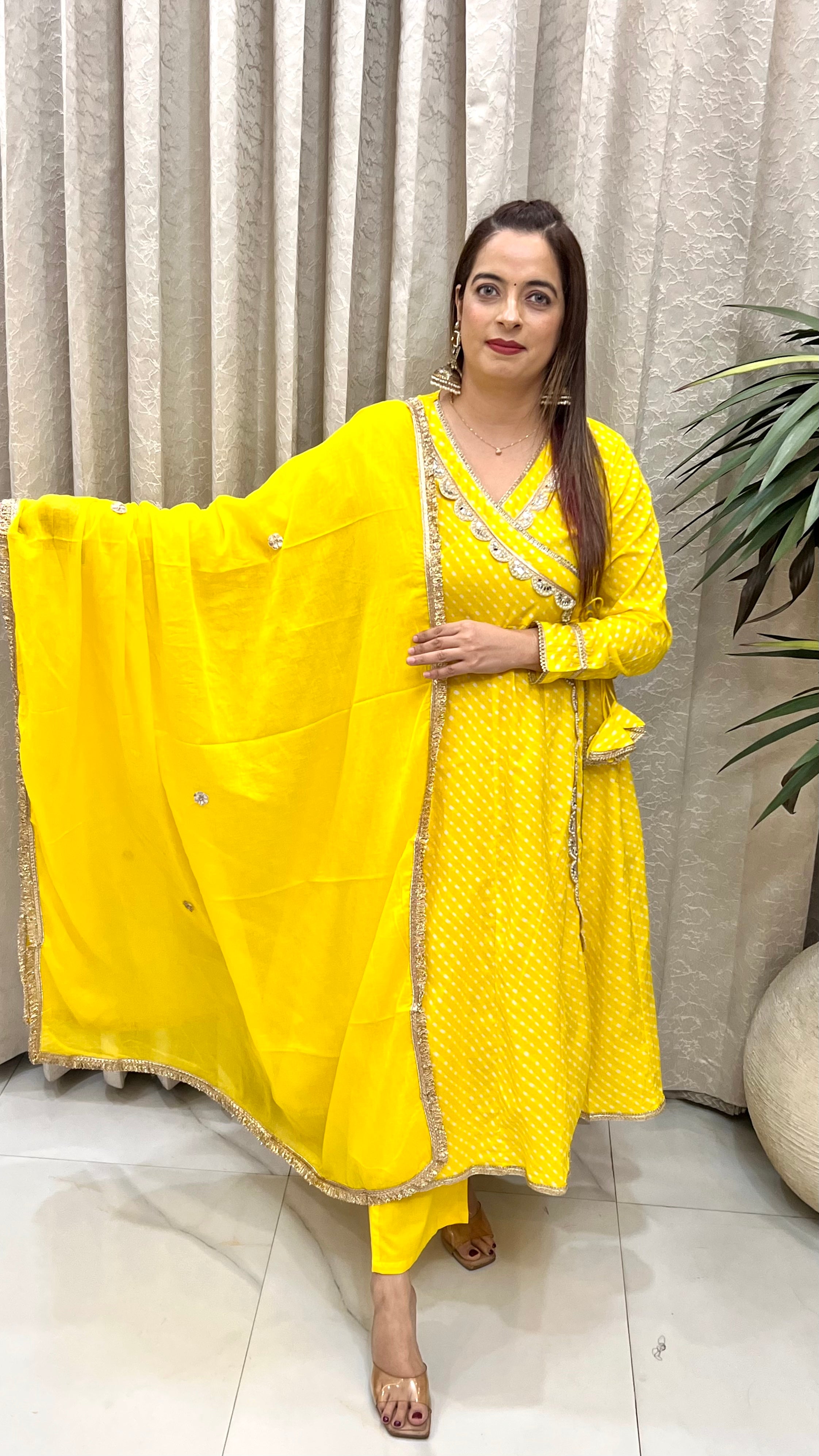 Pure Cotton Leheriya Anarkali Angrakha Suit with Hand Embroidery & Mulmul Cotton Dupatta