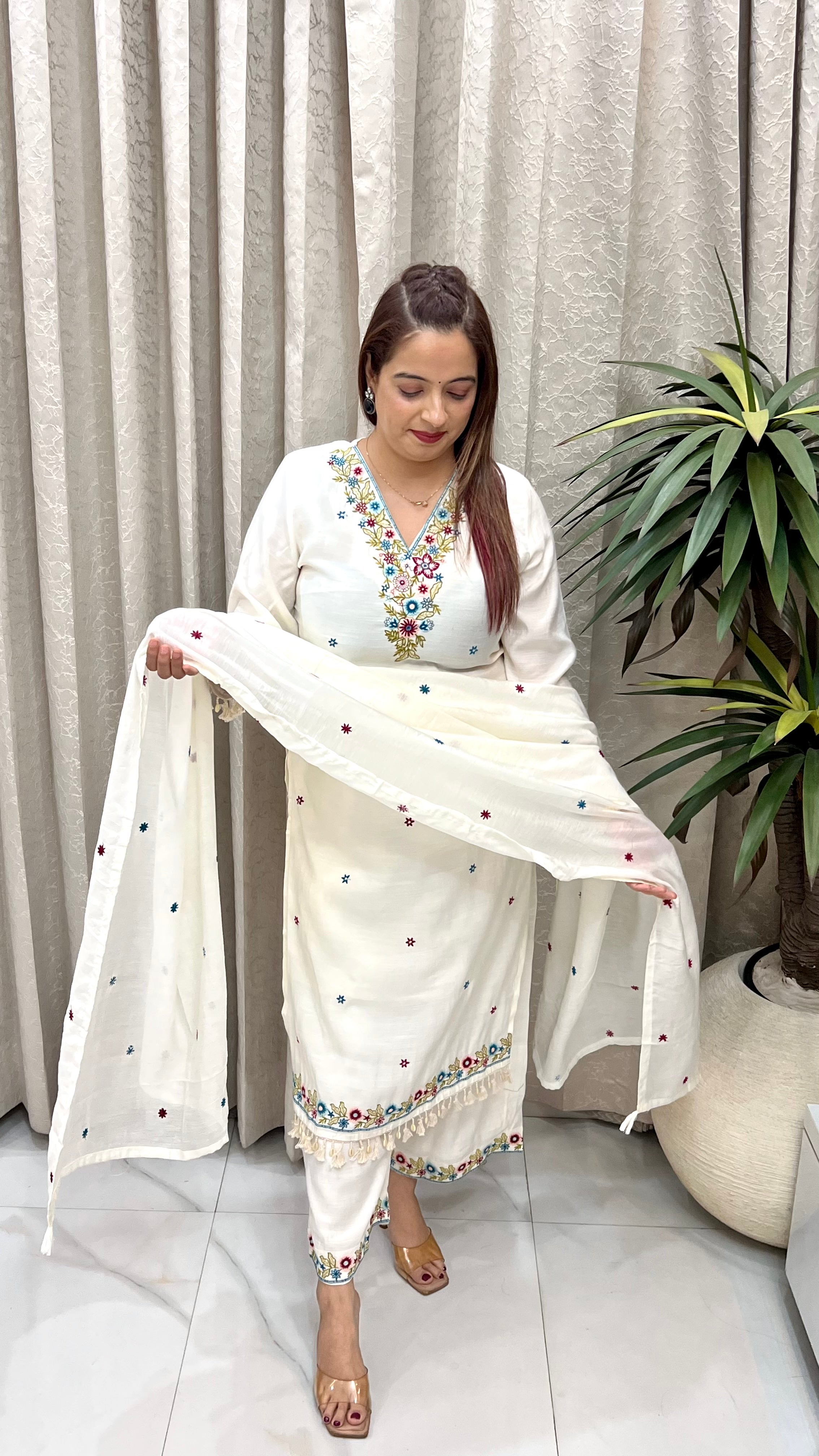 Mul Chanderi Suit with Hand Embroidery, Lined Palazzo & Embroidered Dupatta