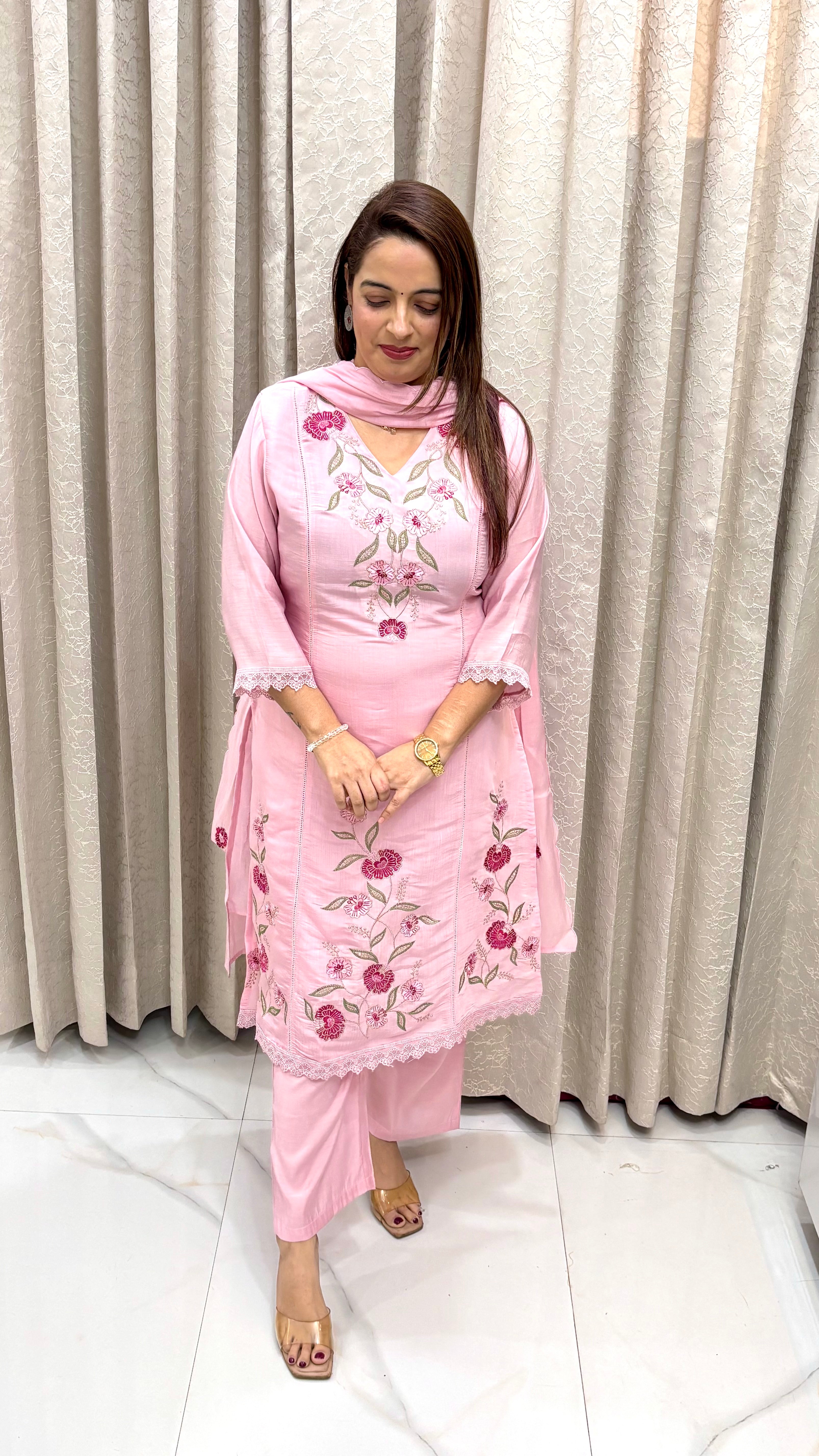 Elegant Floral Zari Embroidered Mul Chanderi Suit