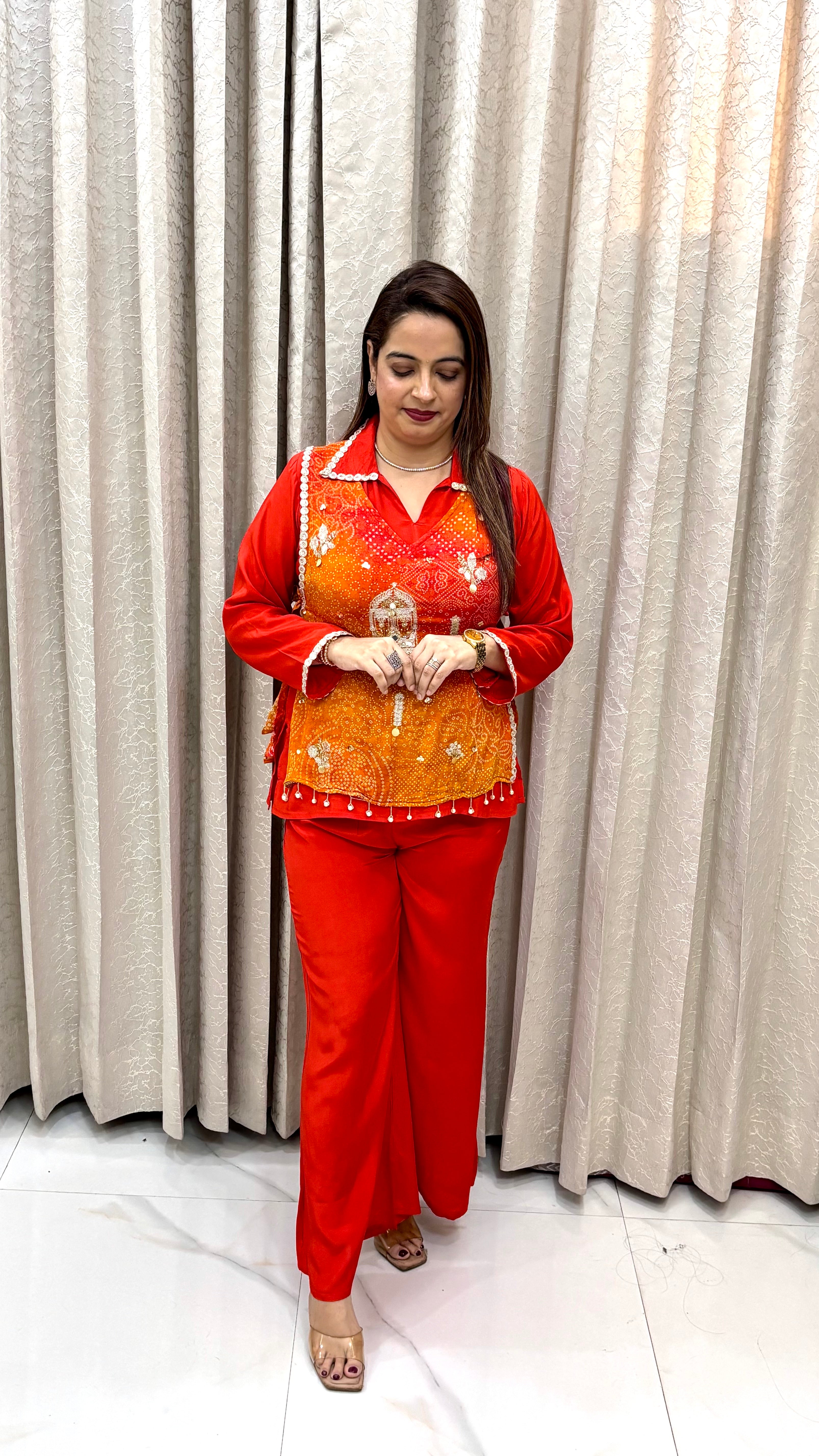 Crepe Bandhani Shrug Coord Set