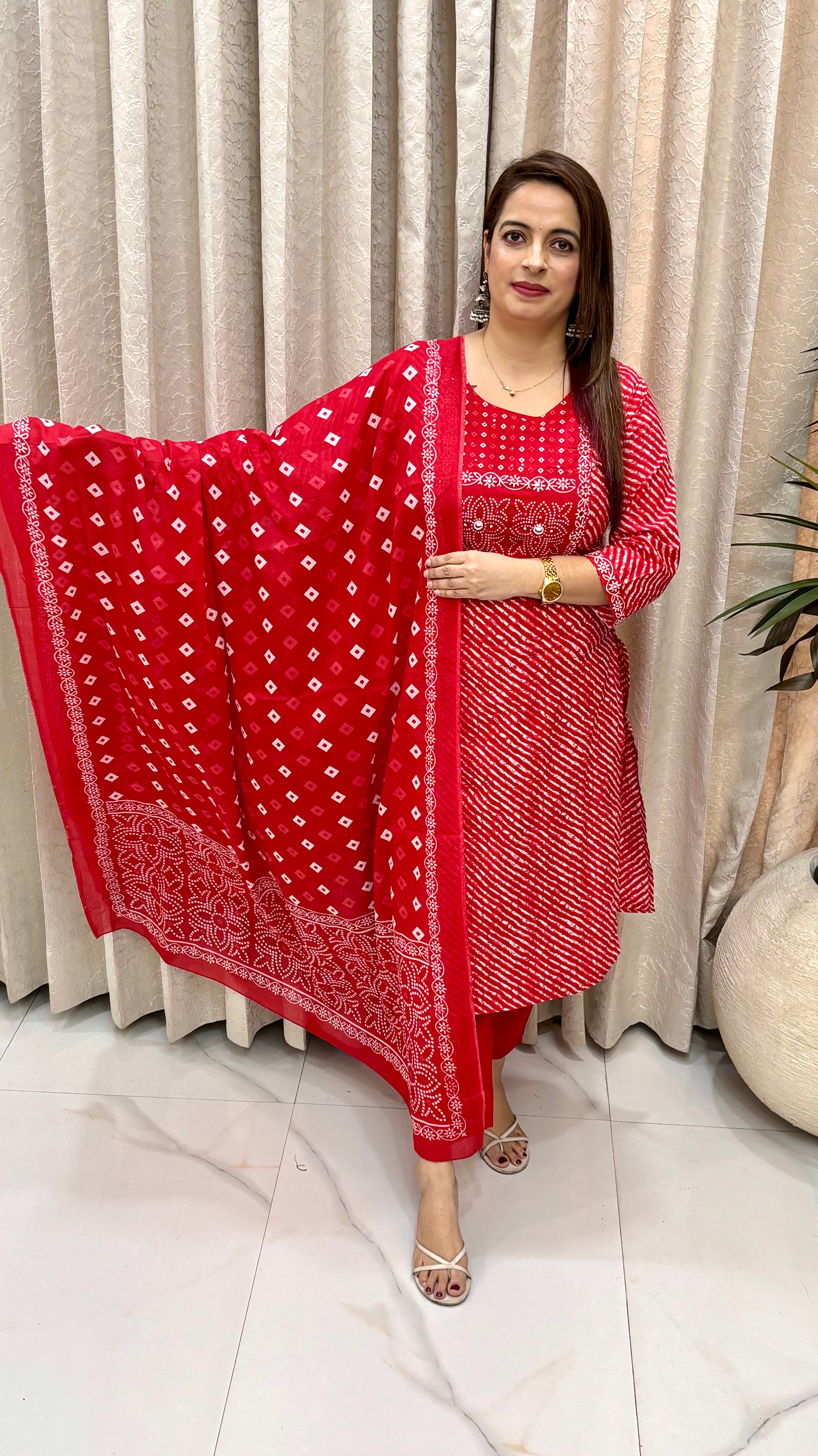 Pure Cotton Lehariya Bandhani Hand Embroidered Suit Set