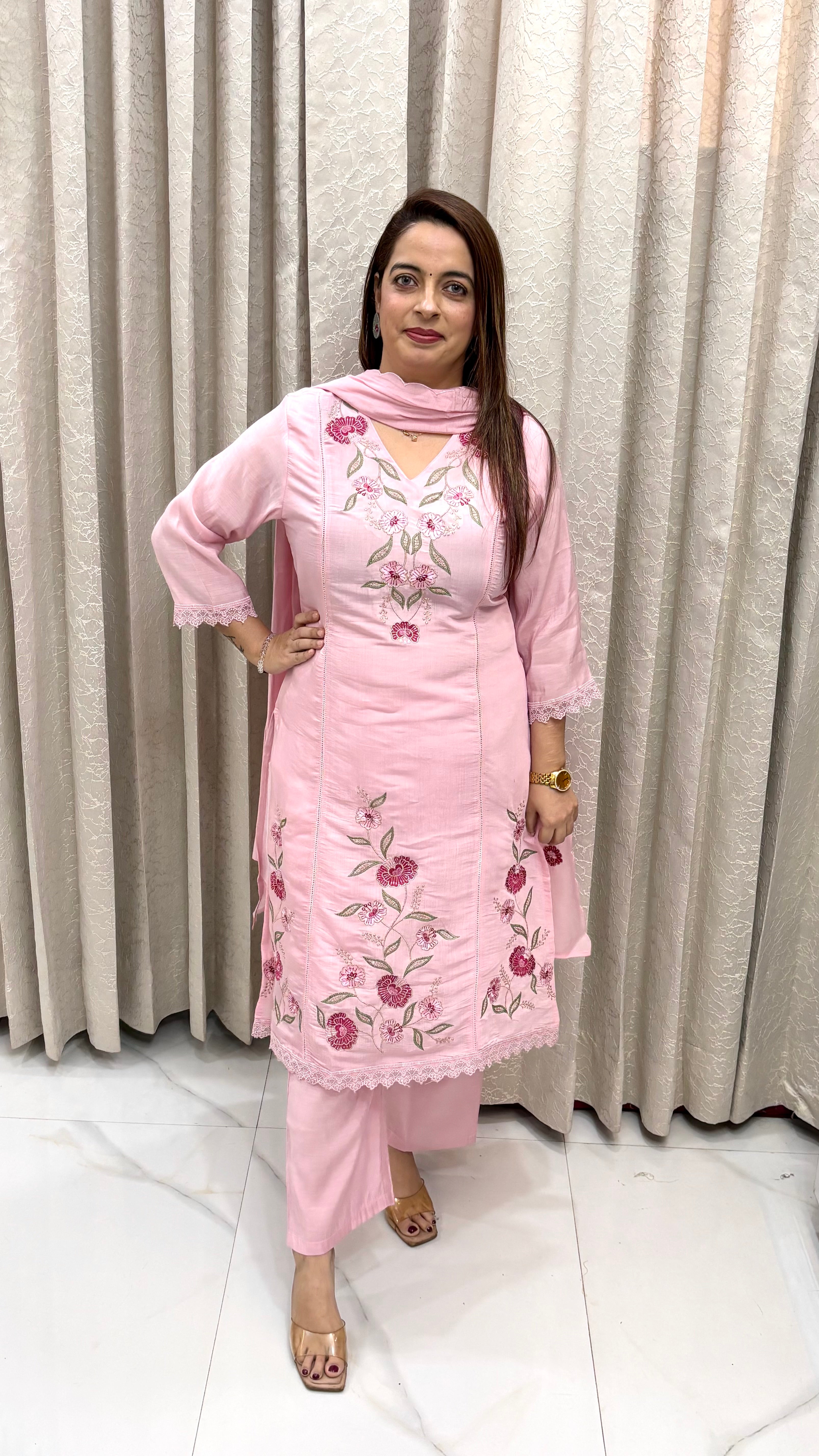 Elegant Floral Zari Embroidered Mul Chanderi Suit