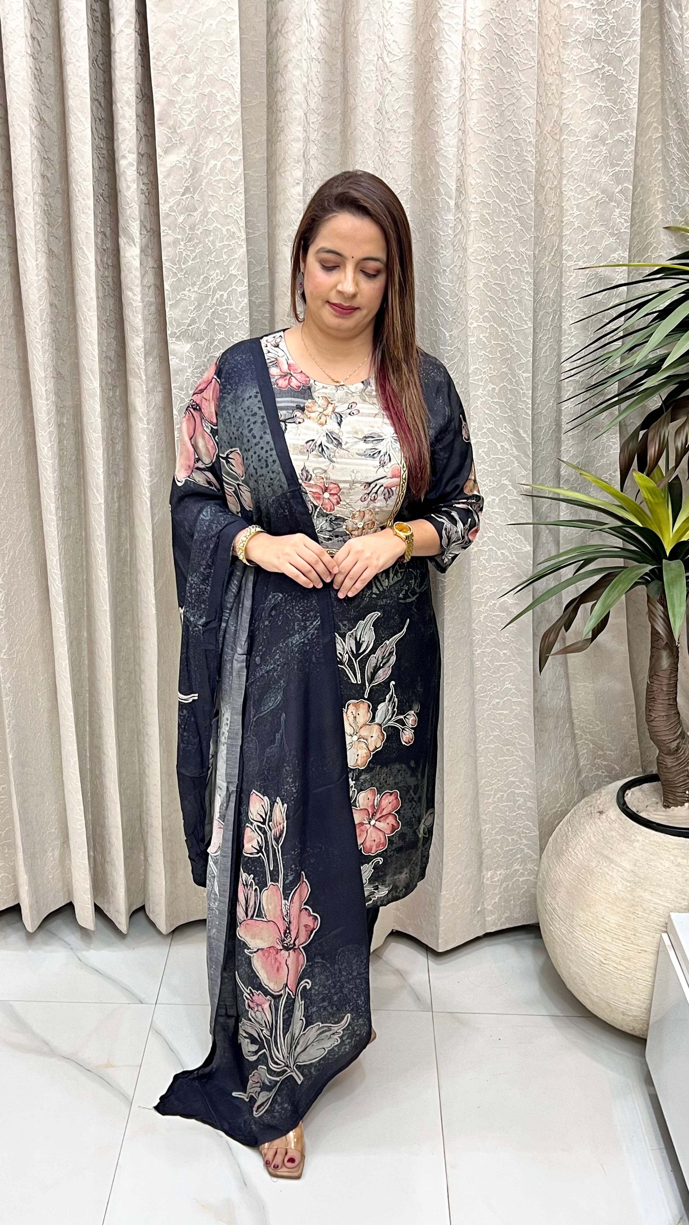 Premium Pure Crepe Digital Print Suit Set with Hand Embroidery